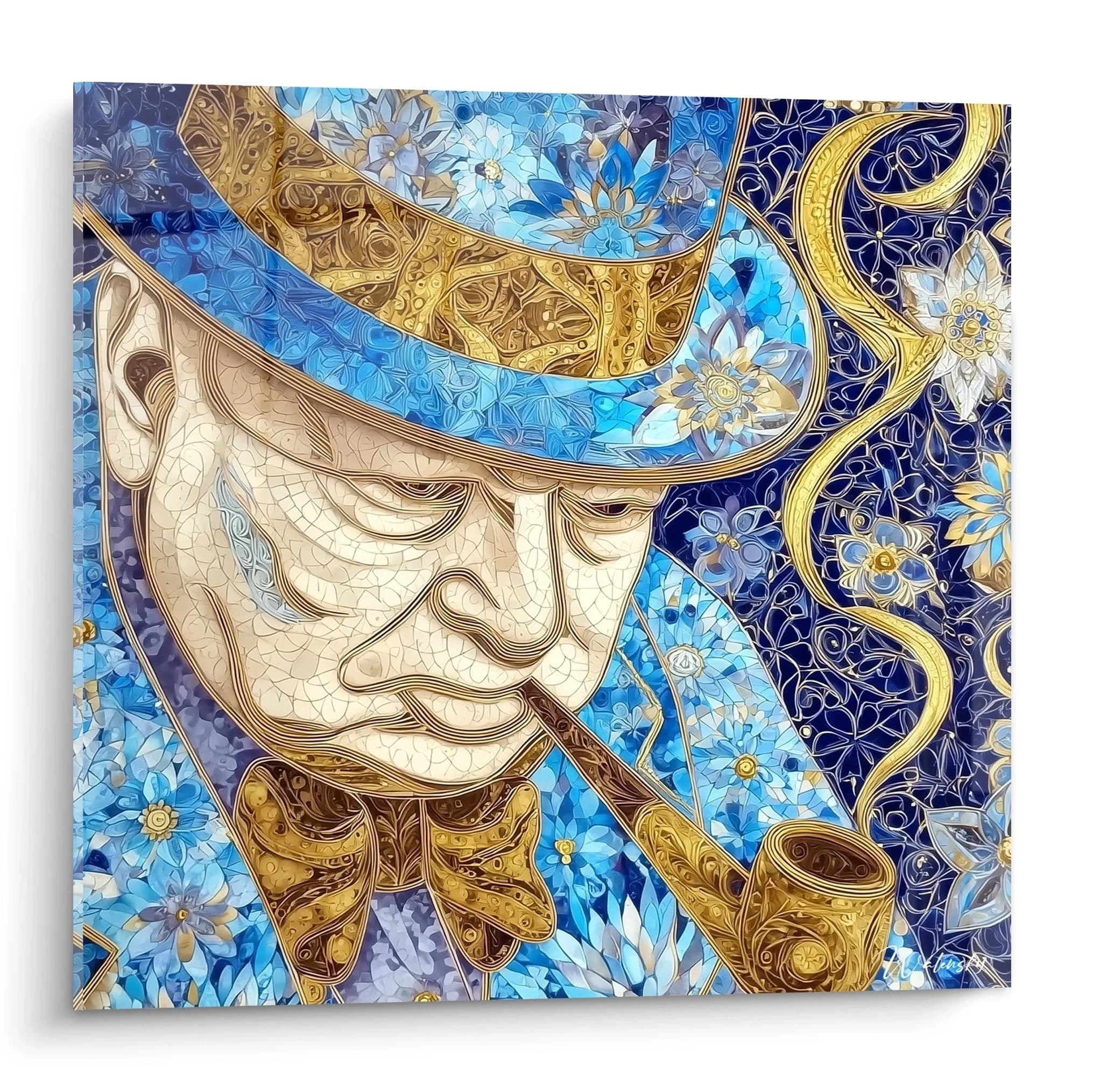 Tableau mural Walensky tableau portrait gentleman fleuri style mosaïque bleu et or chapeau pipe élégants