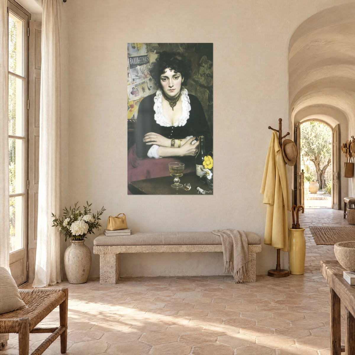 Quadro ritratto realistico di una bruna dallo sguardo serio, jabot bianco, collana d'oro, gonna bordeaux, in un corridoio di un mas provenzale