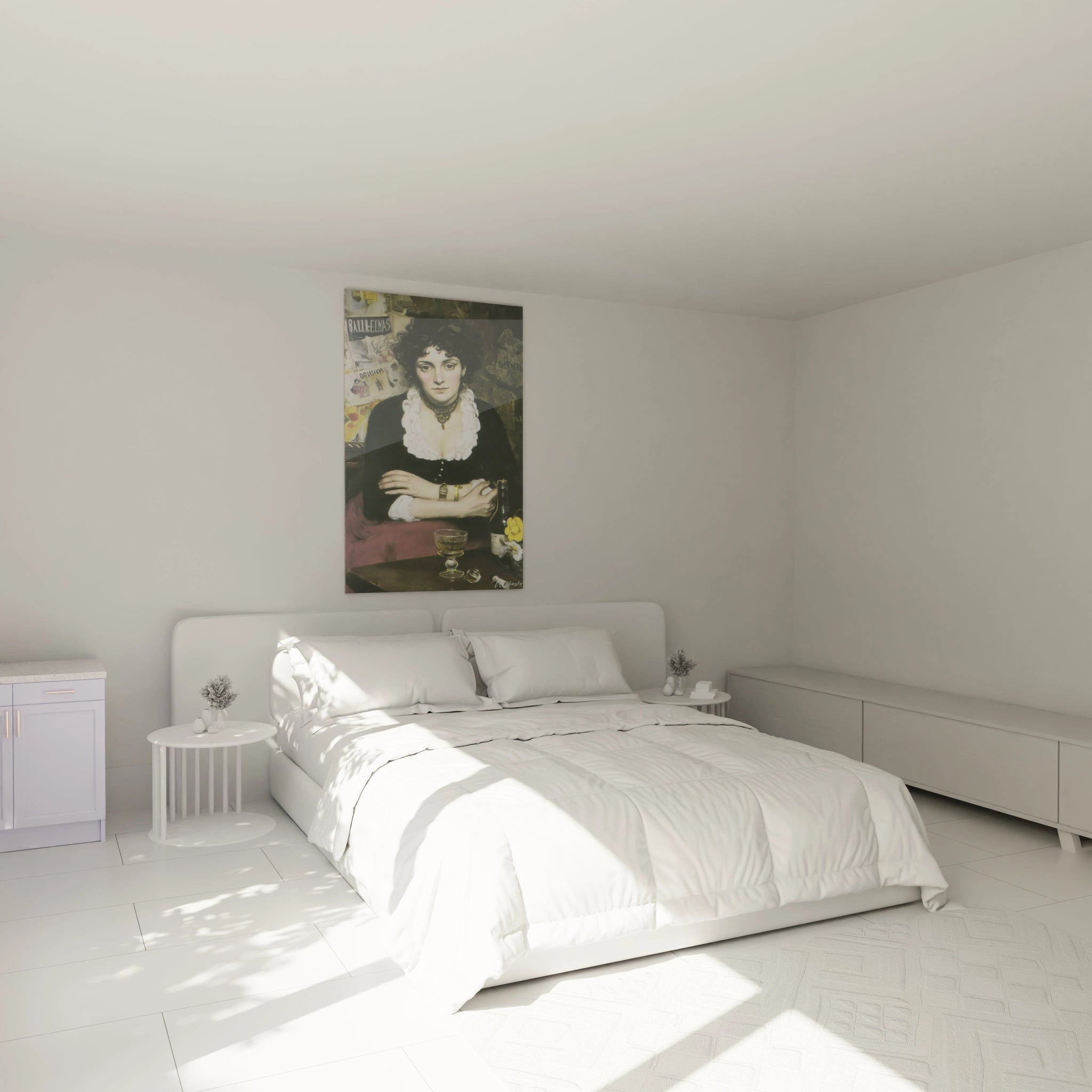 tableau portrait dentelle blanche Walensky affiche floral art nouveau rose accroche murale au dessus lit minimaliste