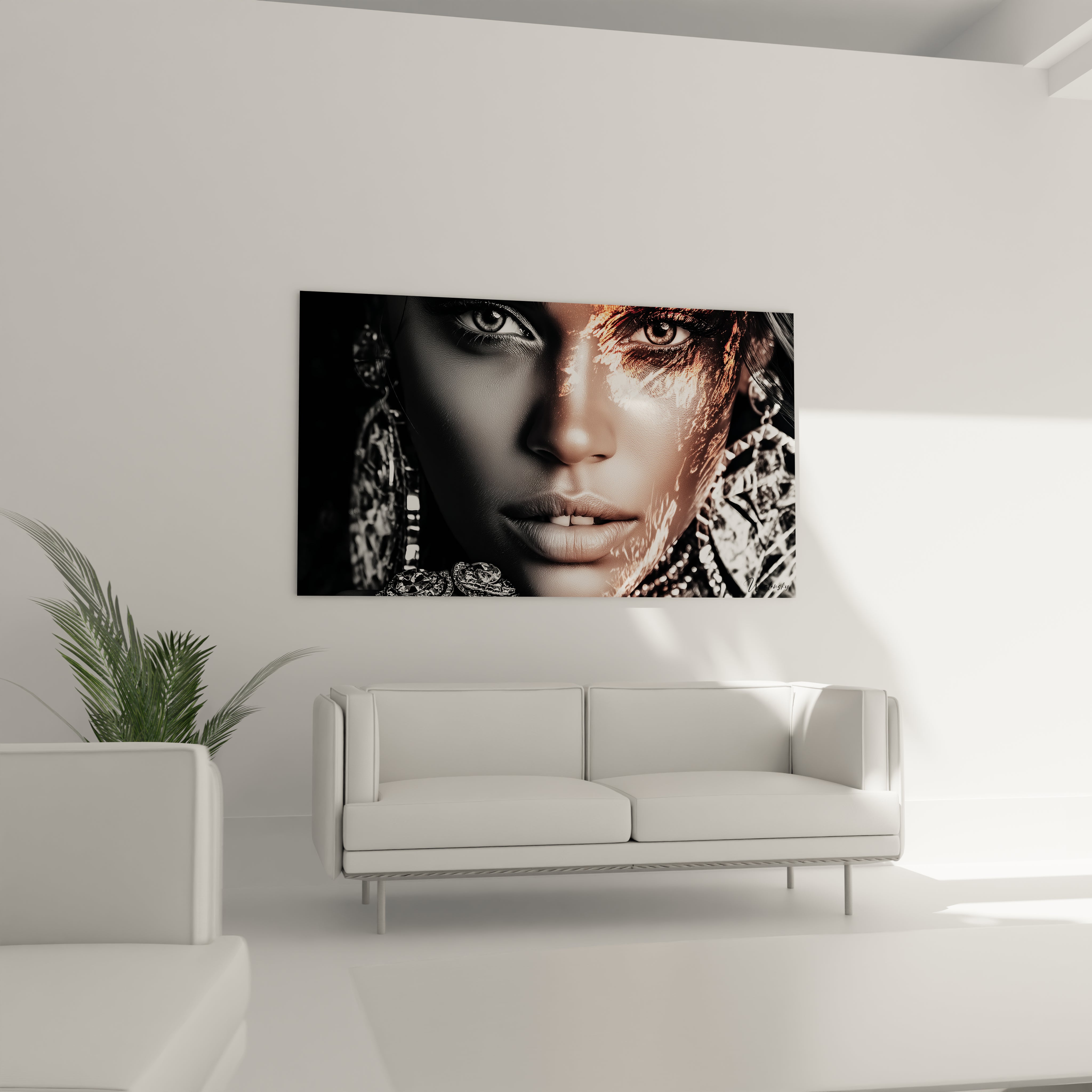 Tableau portrait designer élégance urbaine de Walensky avec un visage stylisé sur un mur moderne