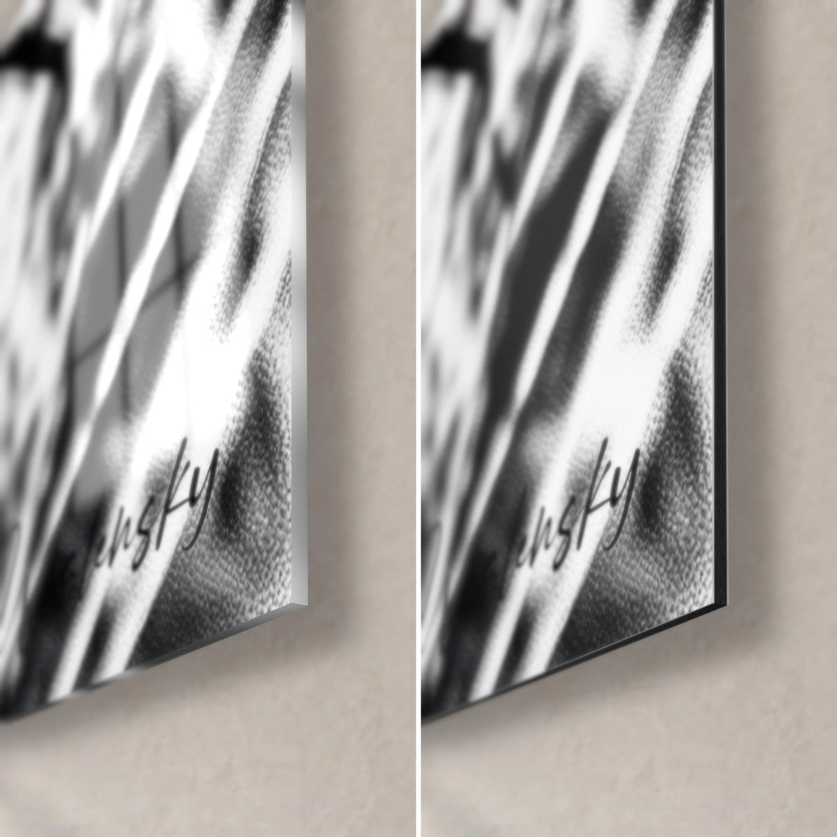 Schilderij vrouwelijk gezicht in koper en grijs, rechtsonder: glanzend acrylglas links, mat Dibond-aluminium rechts, 3 mm rand