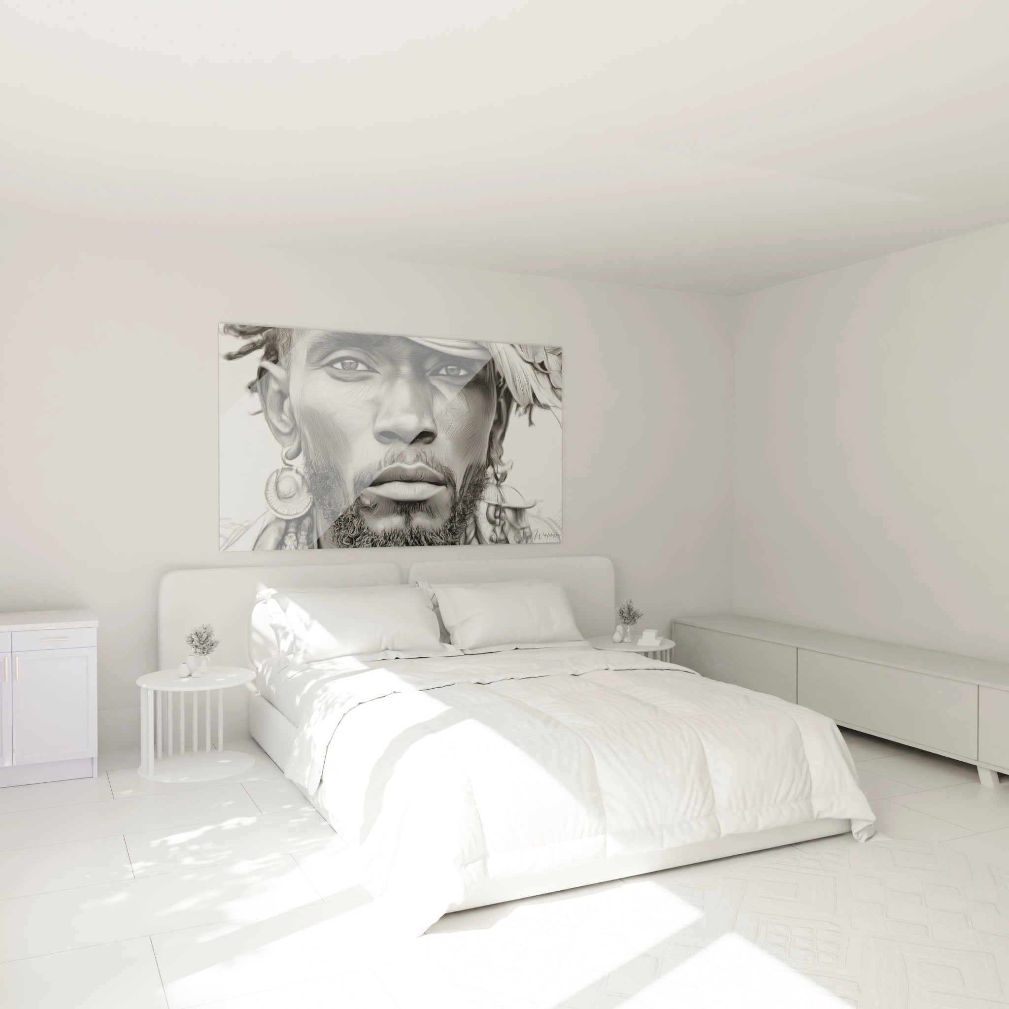Tableau portrait africain décoration accroché au-dessus d'un lit dans une chambre lumineuse et moderne