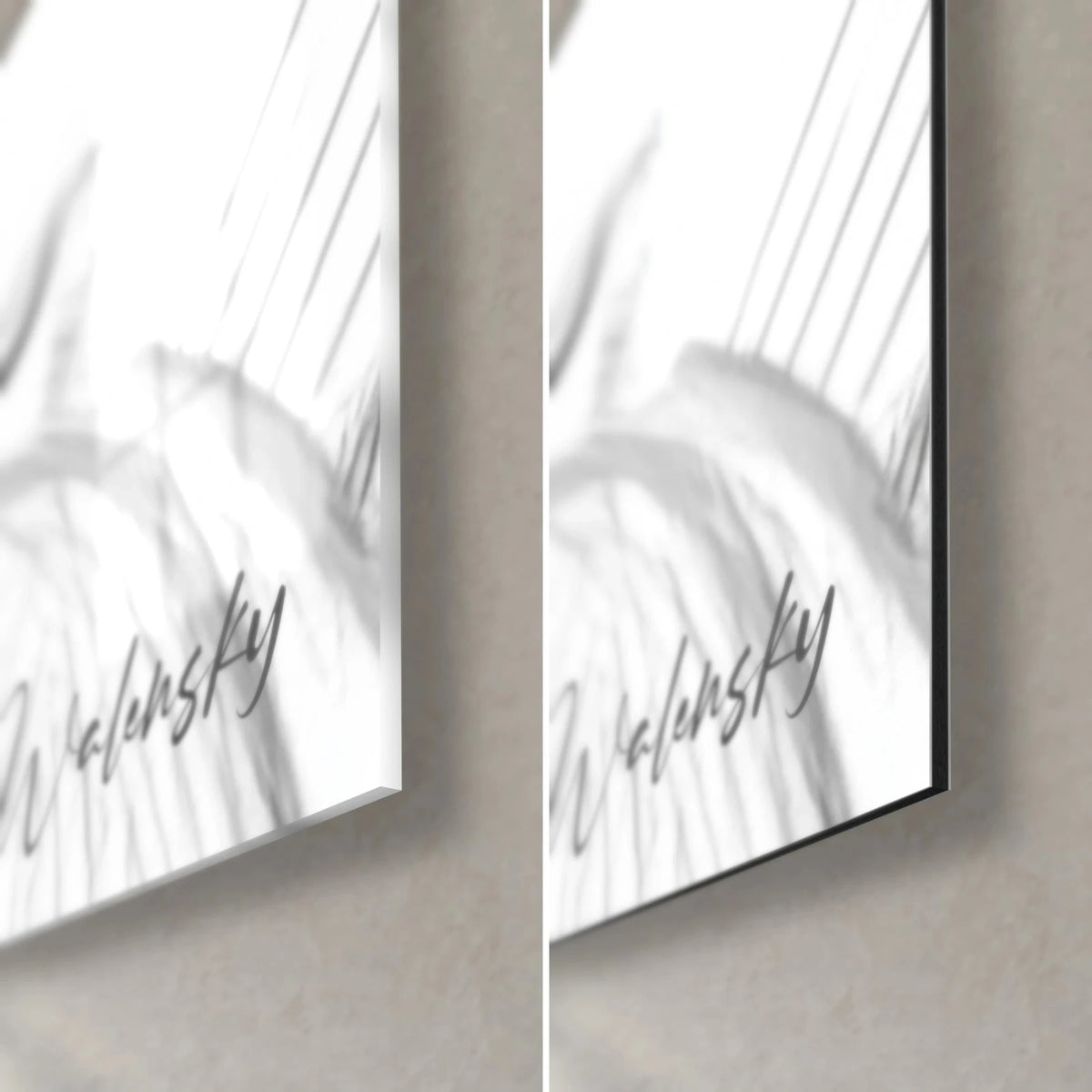 Gemälde stoischer Blick in Schwarz und Weiß, untere rechte Ecke: glänzendes Acrylglas links, mattes Dibond rechts, 3 mm Kante
