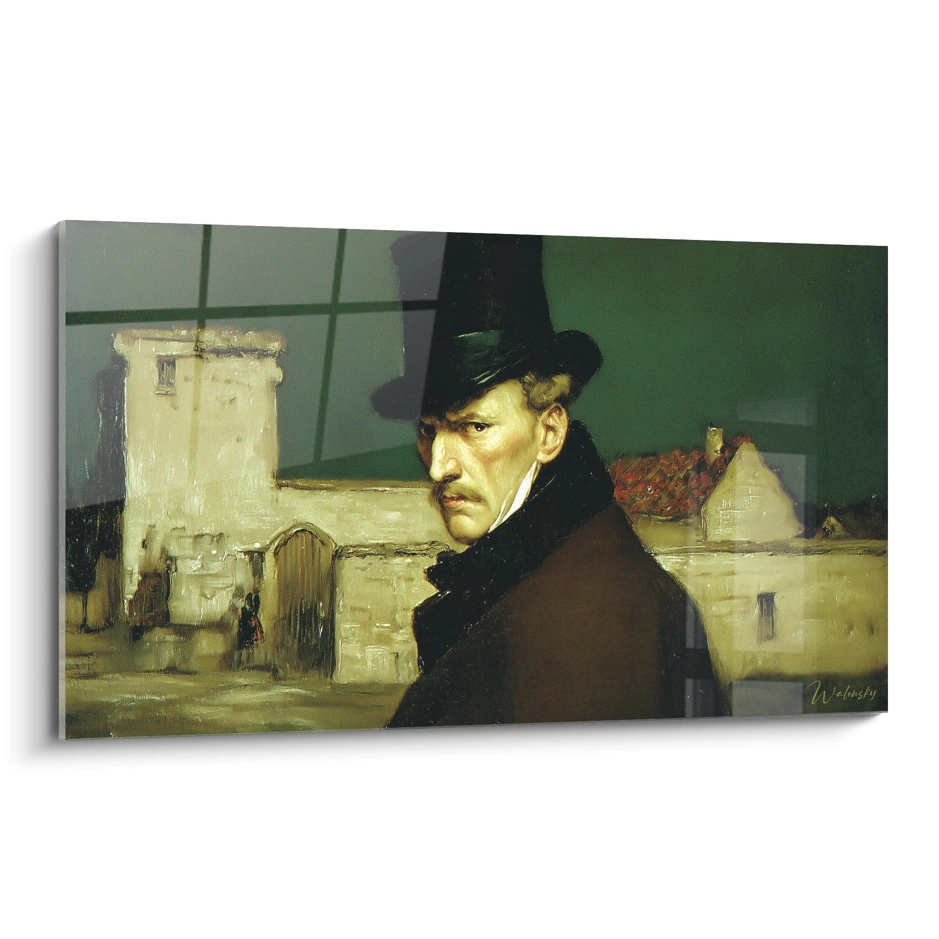 tableau portrait homme réalisme Walensky mural représentant un homme au chapeau devant un village
