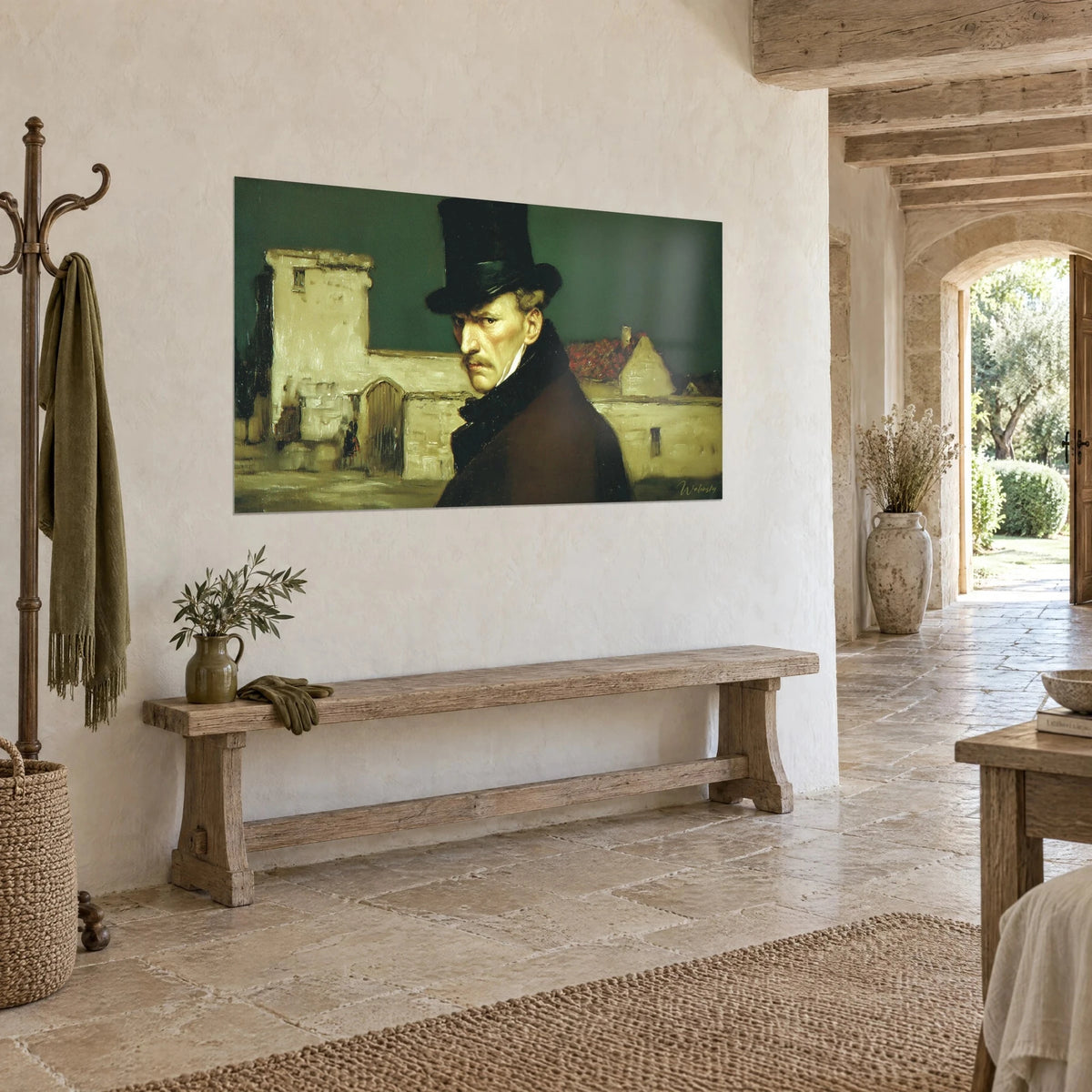 Tableau gentleman moustachu au manteau brun et col noir devant une tour de pierre crème, toits rouges, vue de trois-quarts sur un mur blanc