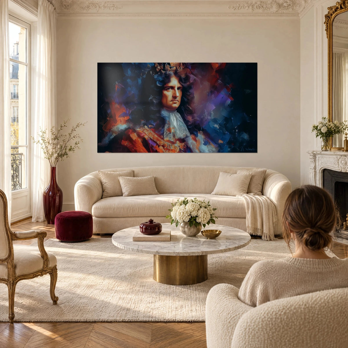 Wall art portrait of the Sun King in a curled wig, orange-red and midnight blue, hanging above a sofa in a bright living room