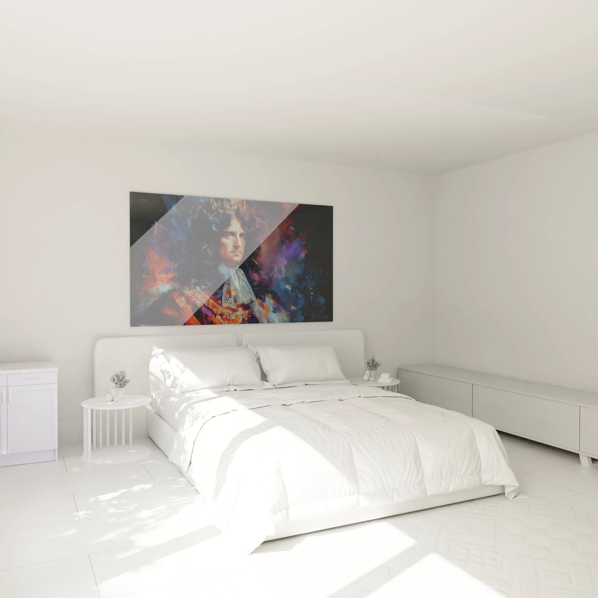 tableau portrait Louis XIV mural Walensky style baroque moderne accroché au dessus d un lit blanc minimaliste