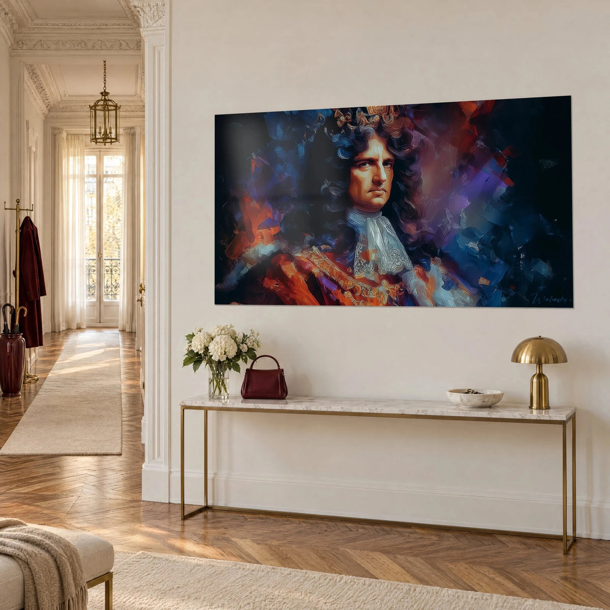 Wall art monarch in a white lace jabot and crimson coat, purple and blue background, on the wall of a Haussmann-style corridor