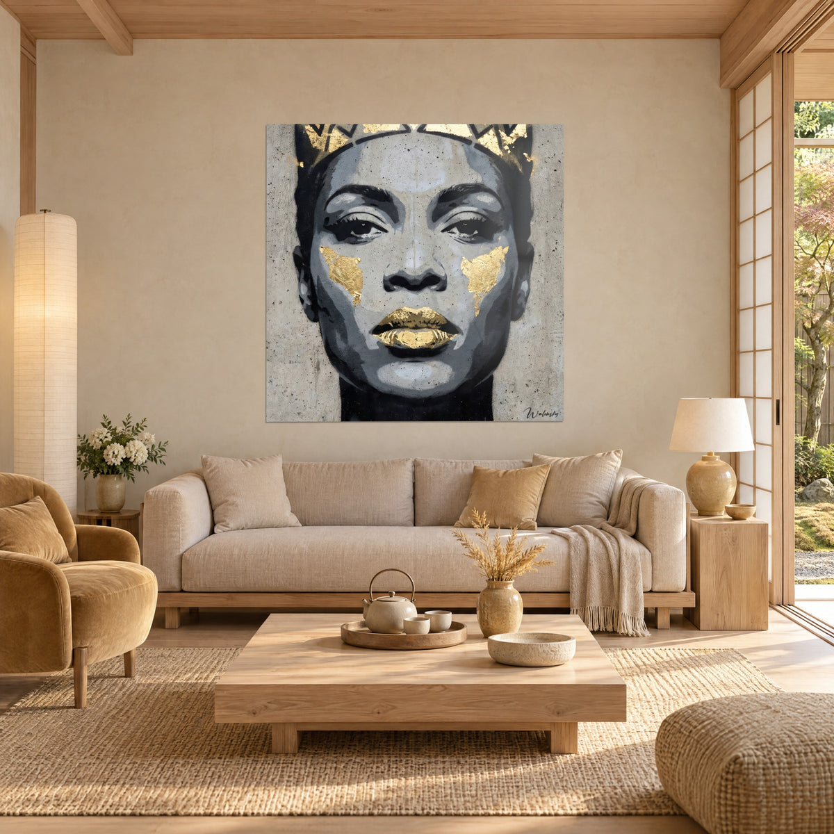 Quadro volto femminile incoronato di foglie d'oro, toni di grigio e nero su cemento grezzo, sopra un divano in un soggiorno luminoso