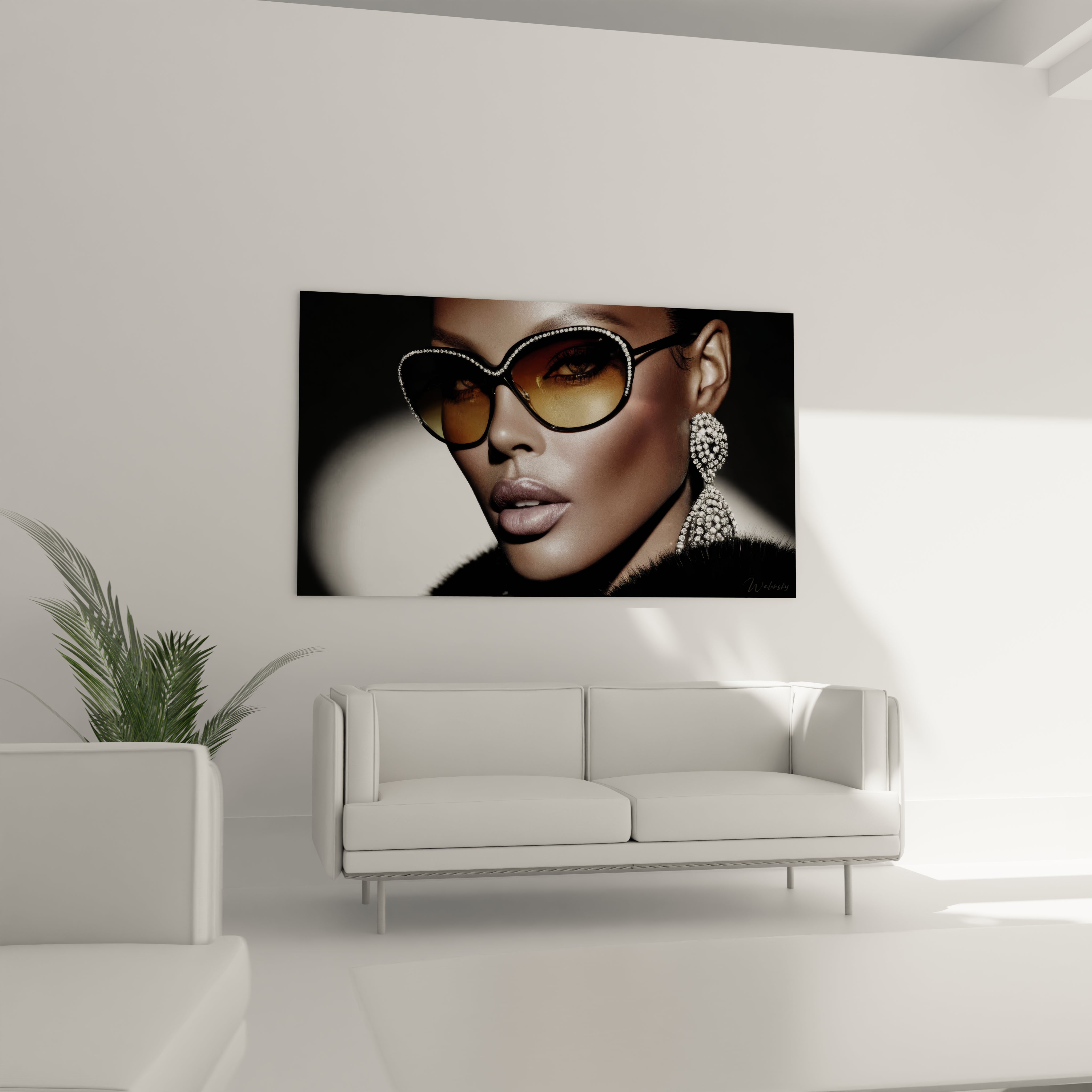Tableau mural portrait doré mode avec femme portant des lunettes de soleil élégantes
