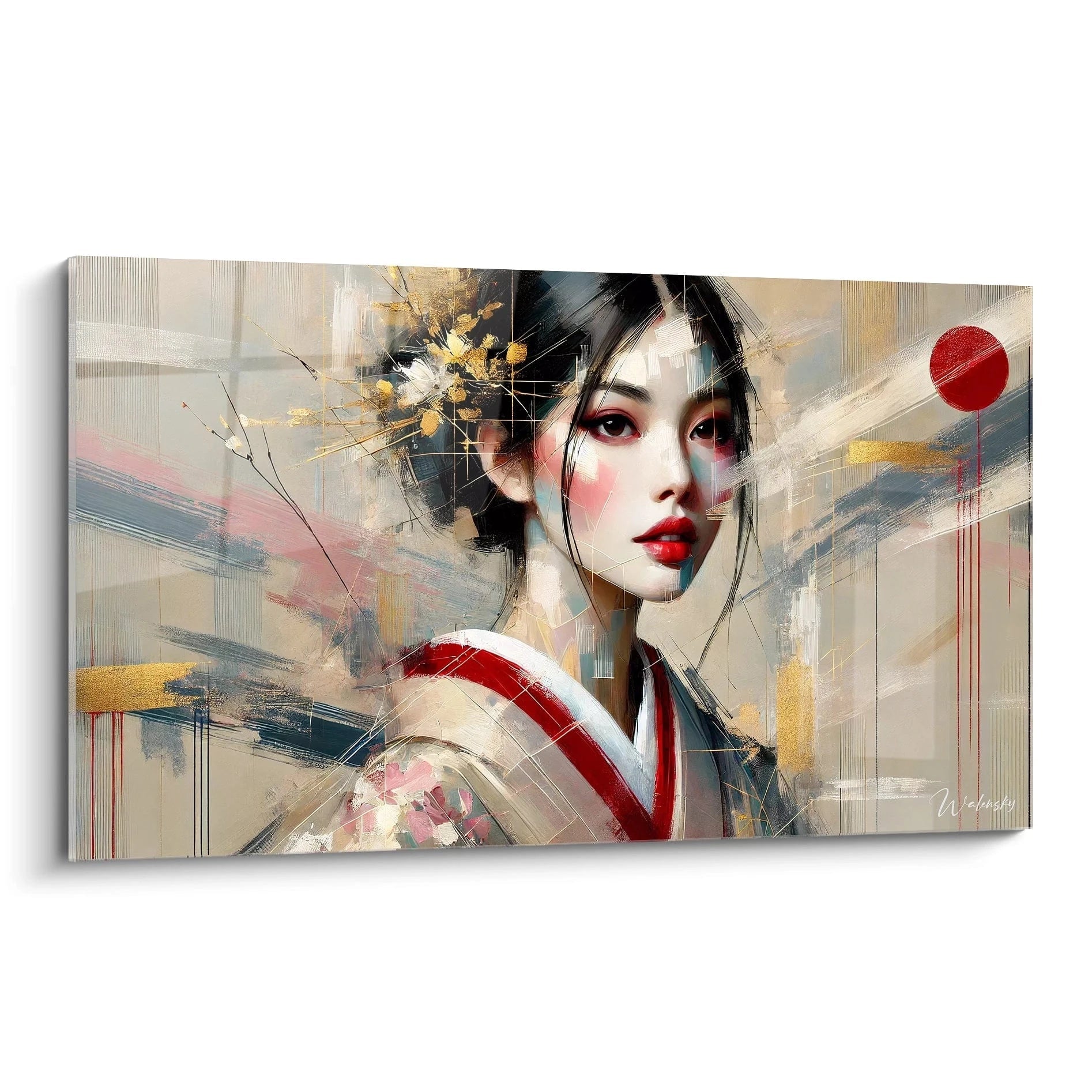 Tableau japonais vue de biais presentant une geisha contemporaine alliant mystere et grace. Les touches dorees et le rouge intense ajoutent une profondeur a cette oeuvre symbolisant force et serenite.

