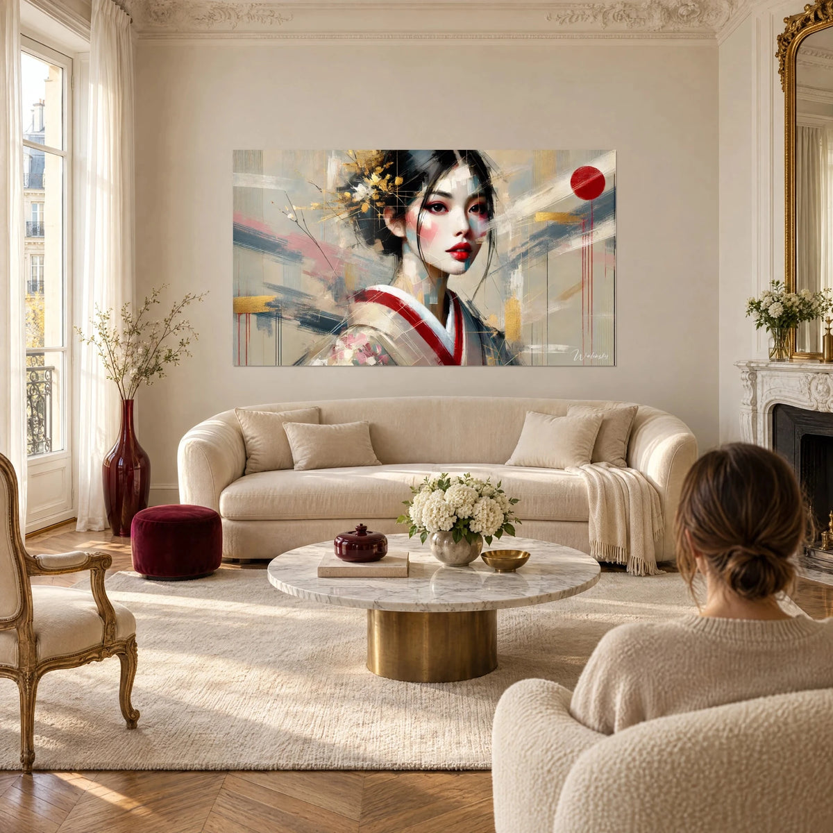 Wall art geisha in a red and white kimono, pink blush, gold brushes, red sun, above a sofa in a bright living room