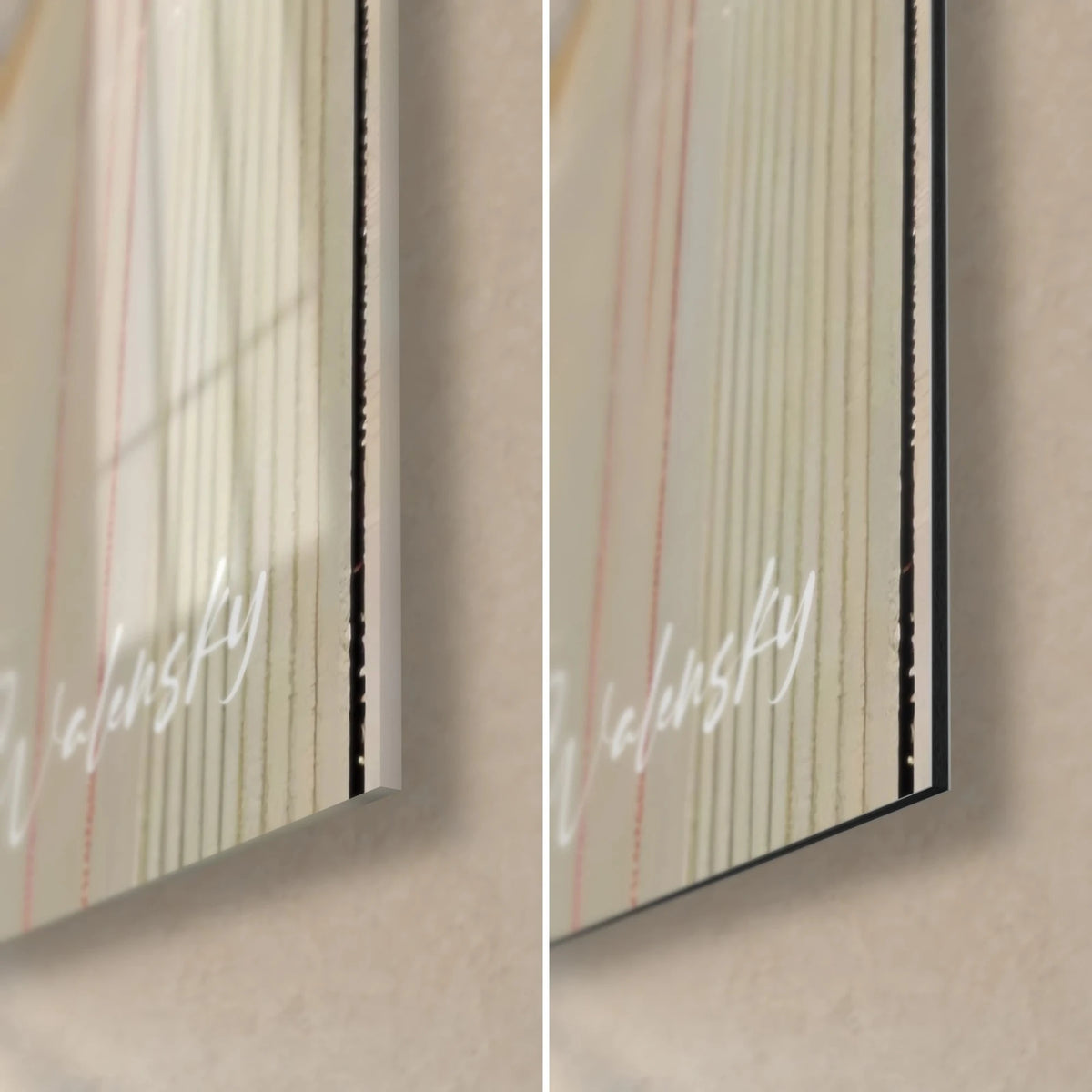 Wall art geisha in portrait format, bottom-right corner in glossy glass and matte beige Dibond aluminium, black 3 mm edge, white signature