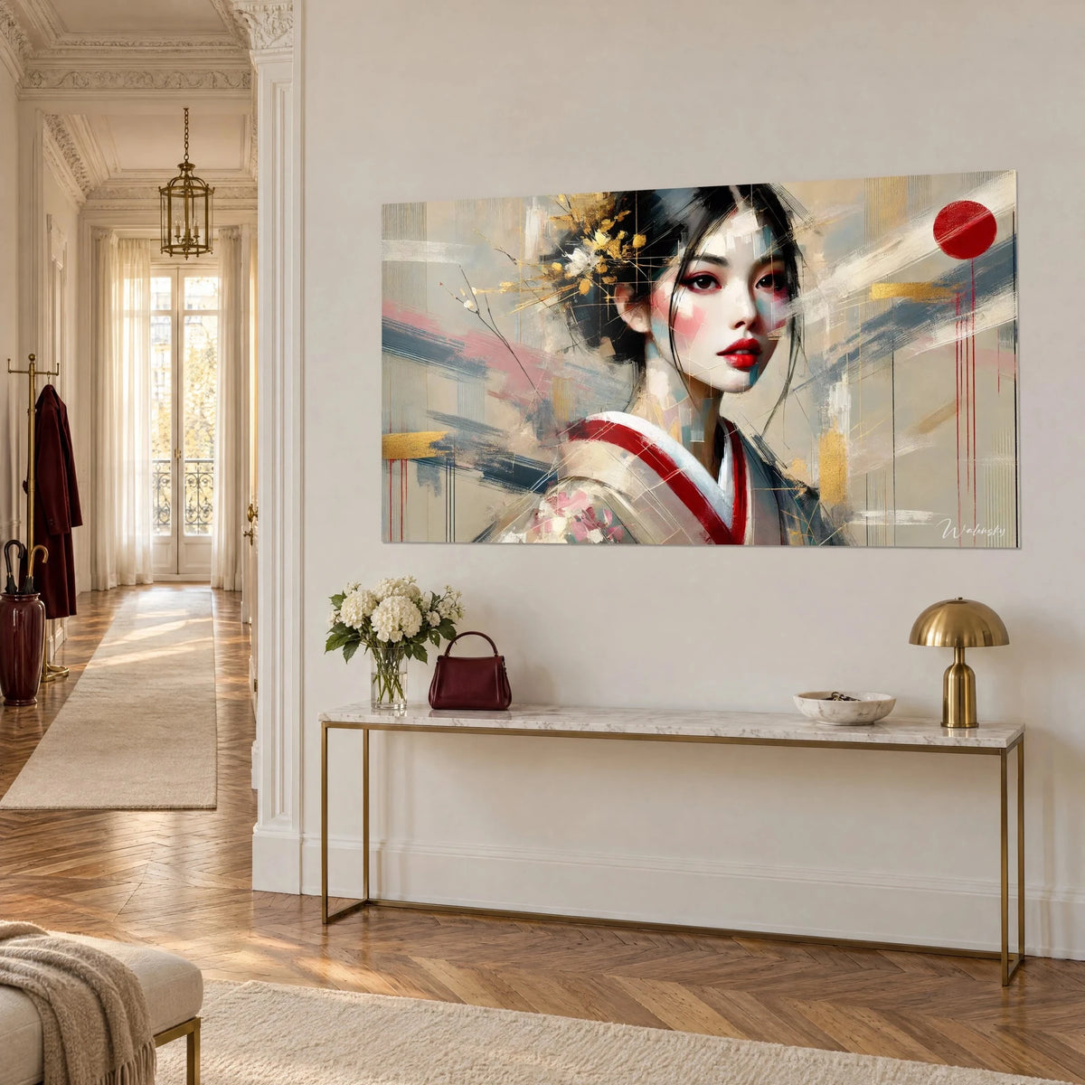 Wall art Japanese muse with carmine lips, gold flower hairpin, blue-grey brushstrokes, cream wall, gilded console