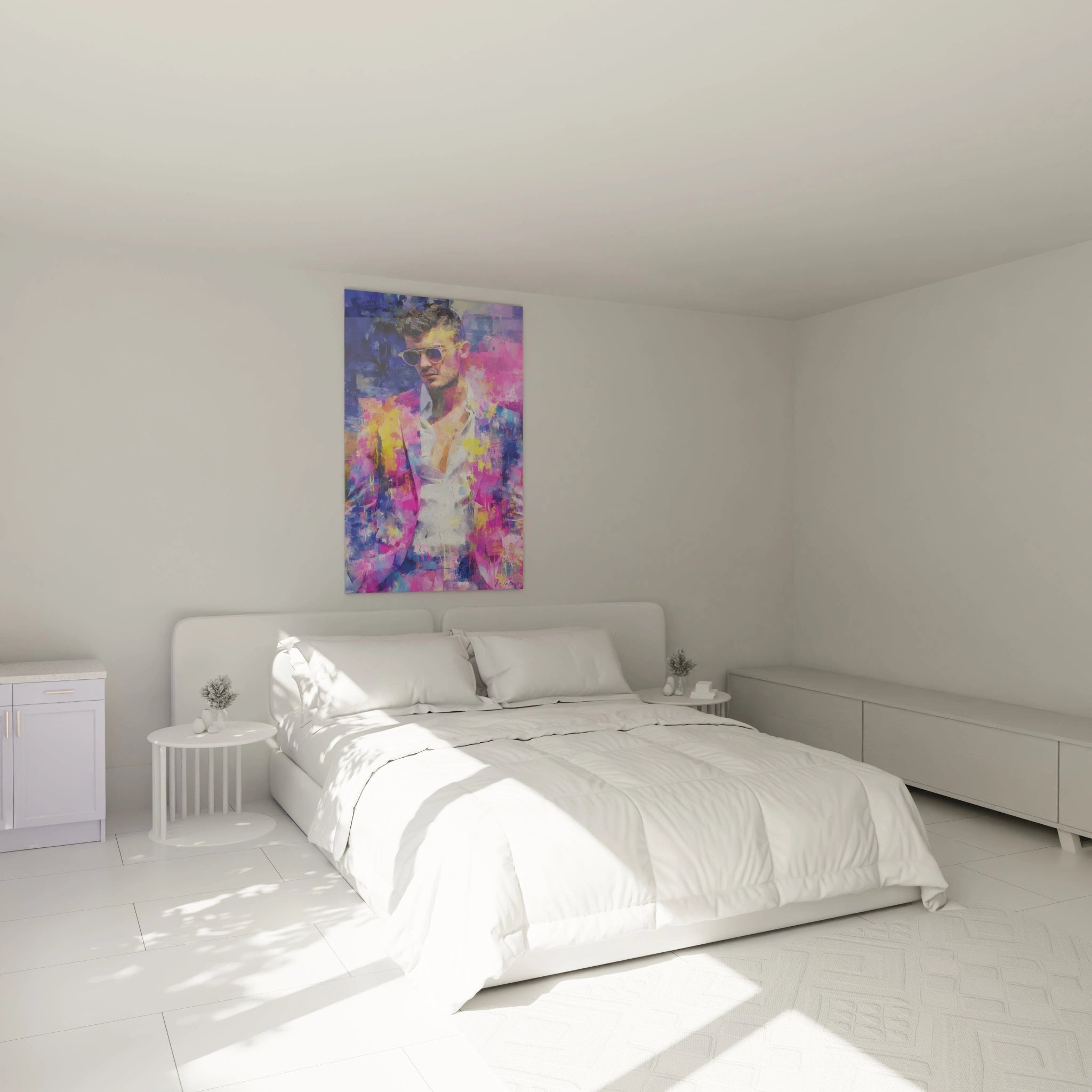 Tableau mural portrait mode vintage de Walensky accroché au-dessus d'un lit dans une chambre moderne