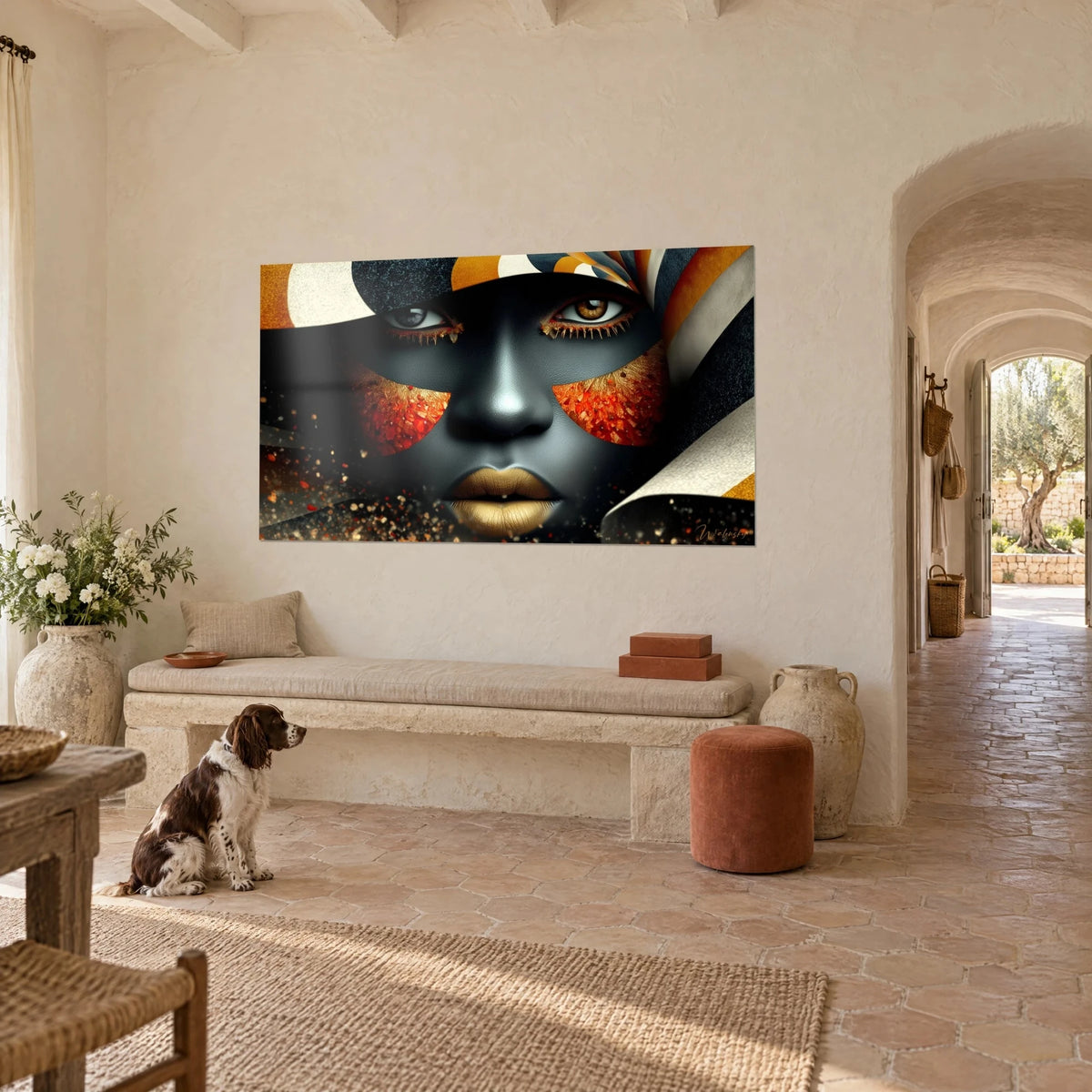 Cuadro retrato de mujer negra de ojos ámbar, mejillas rojo coral, pared crema, spaniel tumbado frente a un banco de piedra