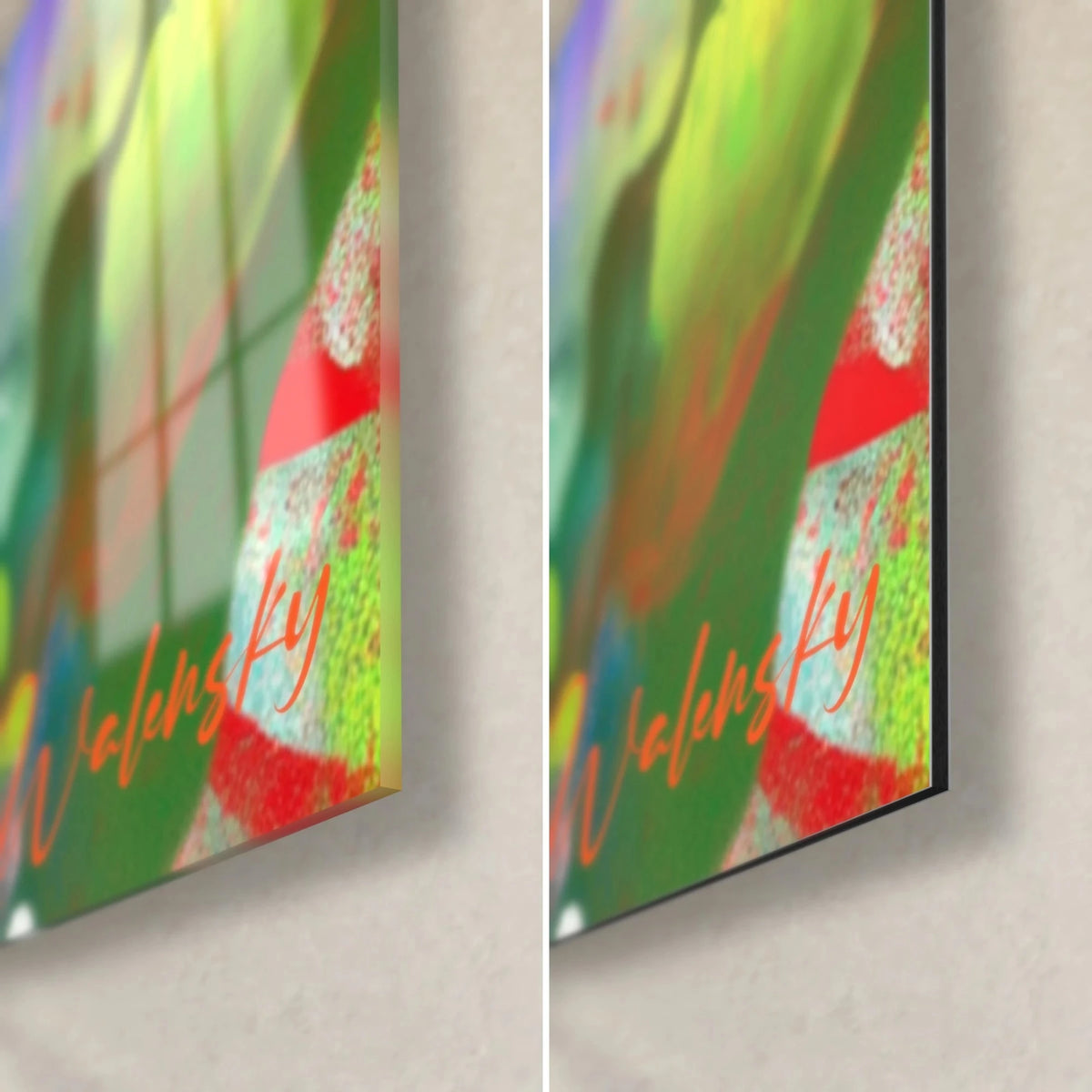 Wall art man in a blue and pink hat, bottom right corner: glossy glass reflections, matte black Dibond aluminium, red Walensky signature