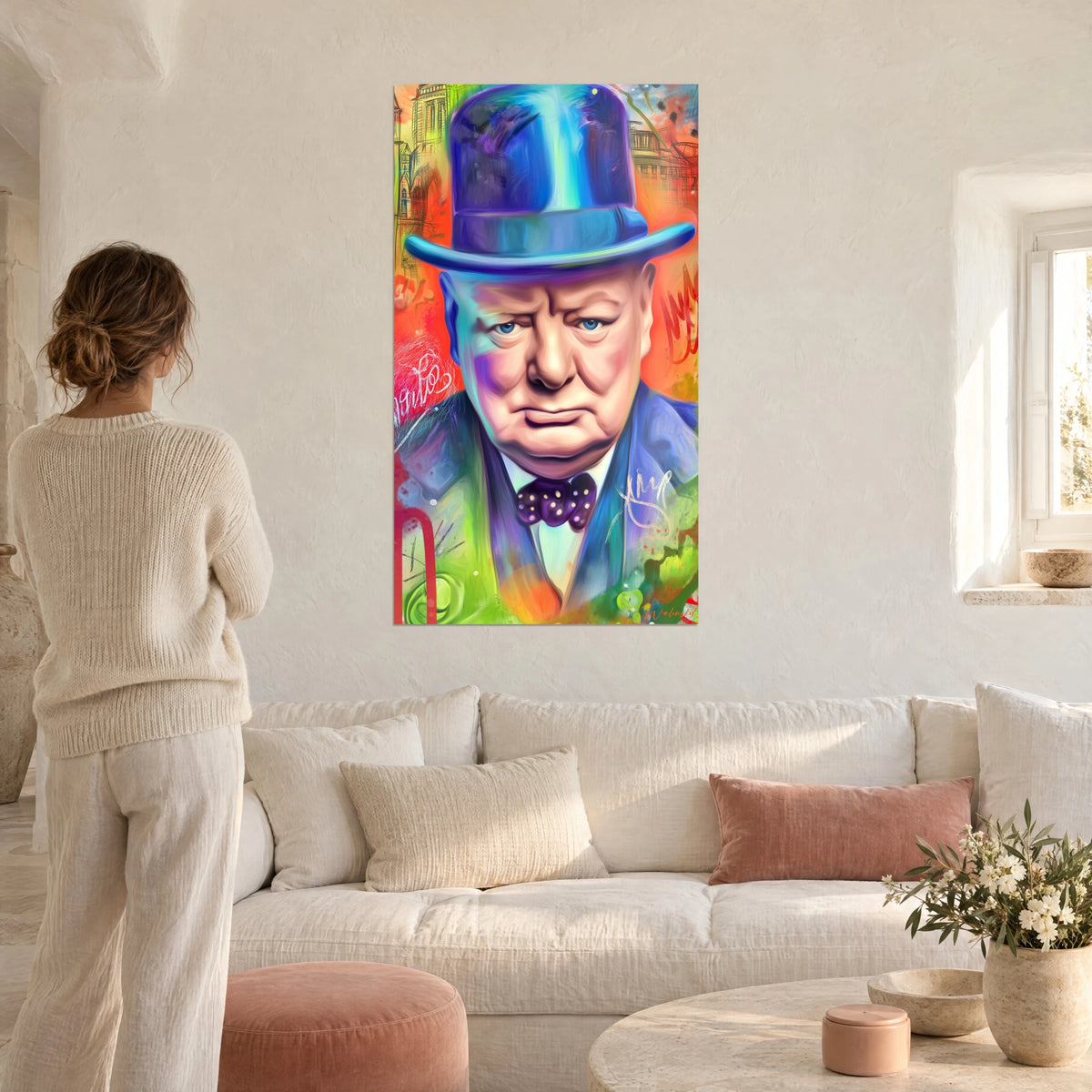 Gemälde alter Mann mit kobaltblauem Zylinder und violetter Fliege, leuchtendes Orange, Frau von hinten über einem Sofa in einem hellen Wohnzimmer