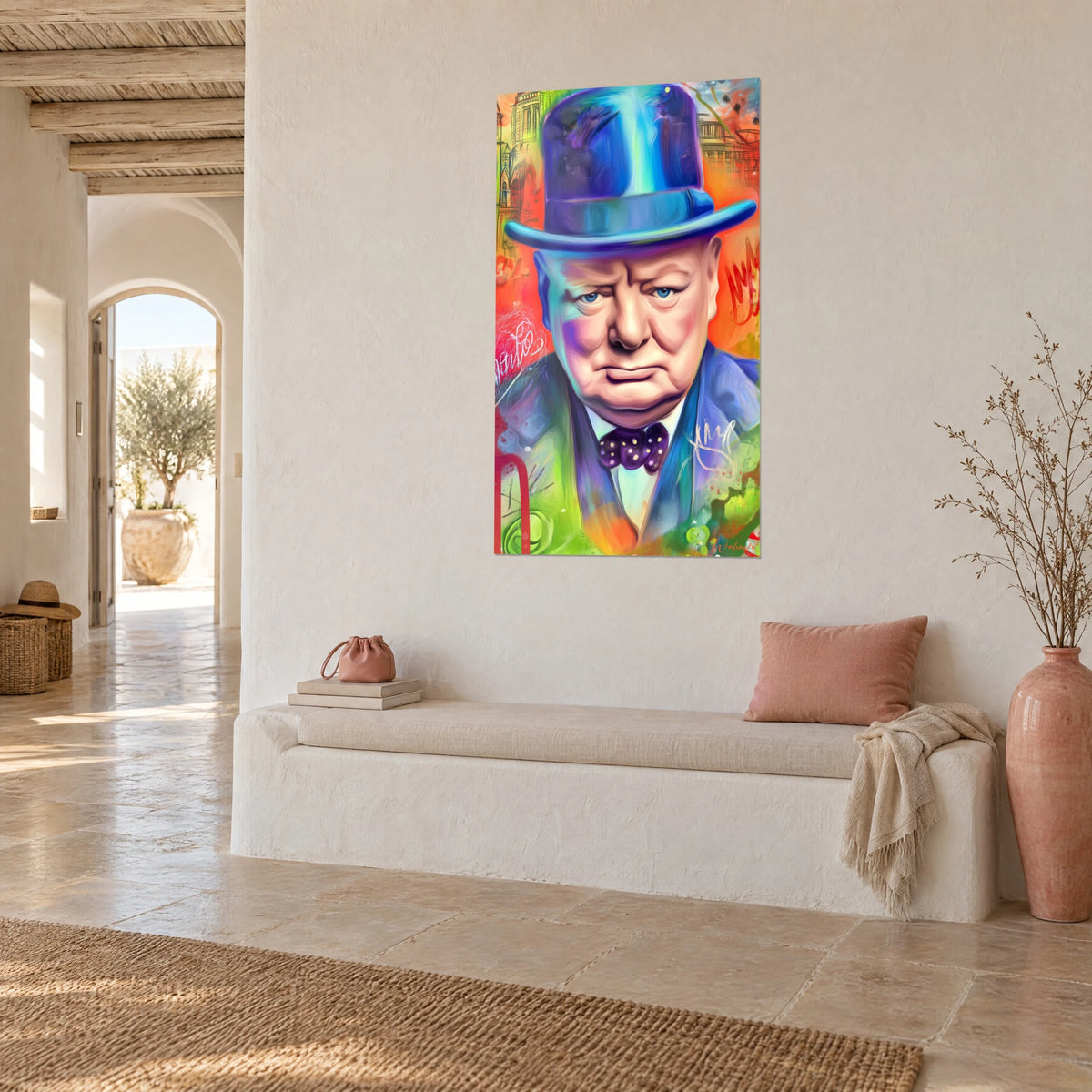 Gemälde Pop-Art-Porträt eines Mannes mit türkisfarbener Melone, Hintergrund in Orange und Grün, Dreiviertelansicht, weiße Wand und Sitzbank