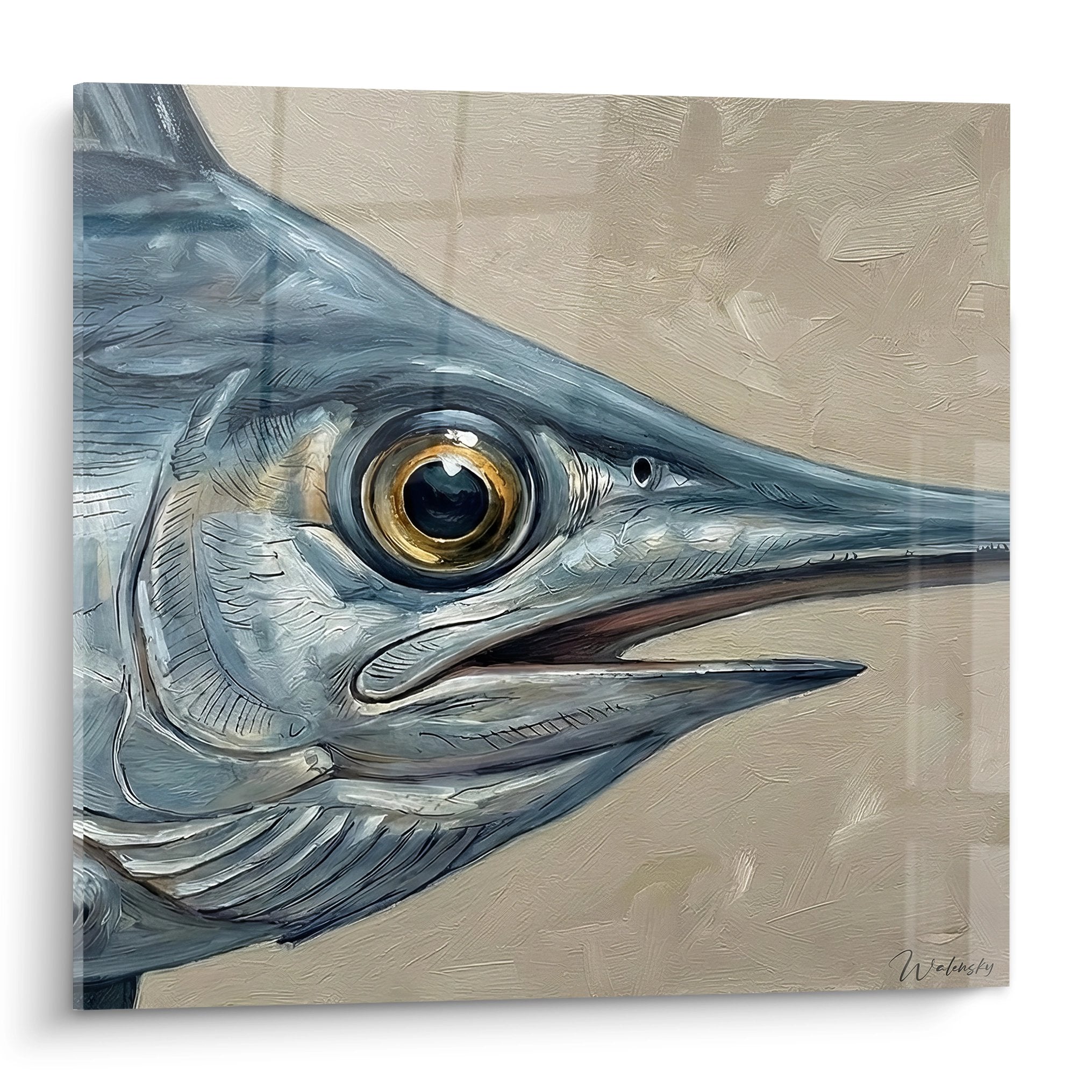 Künstlerisches Porträt Schwertfischkopf blau golden beiger Hintergrund naturalistische Marinemalerei durchdringender Blick bernsteinfarbenes Auge