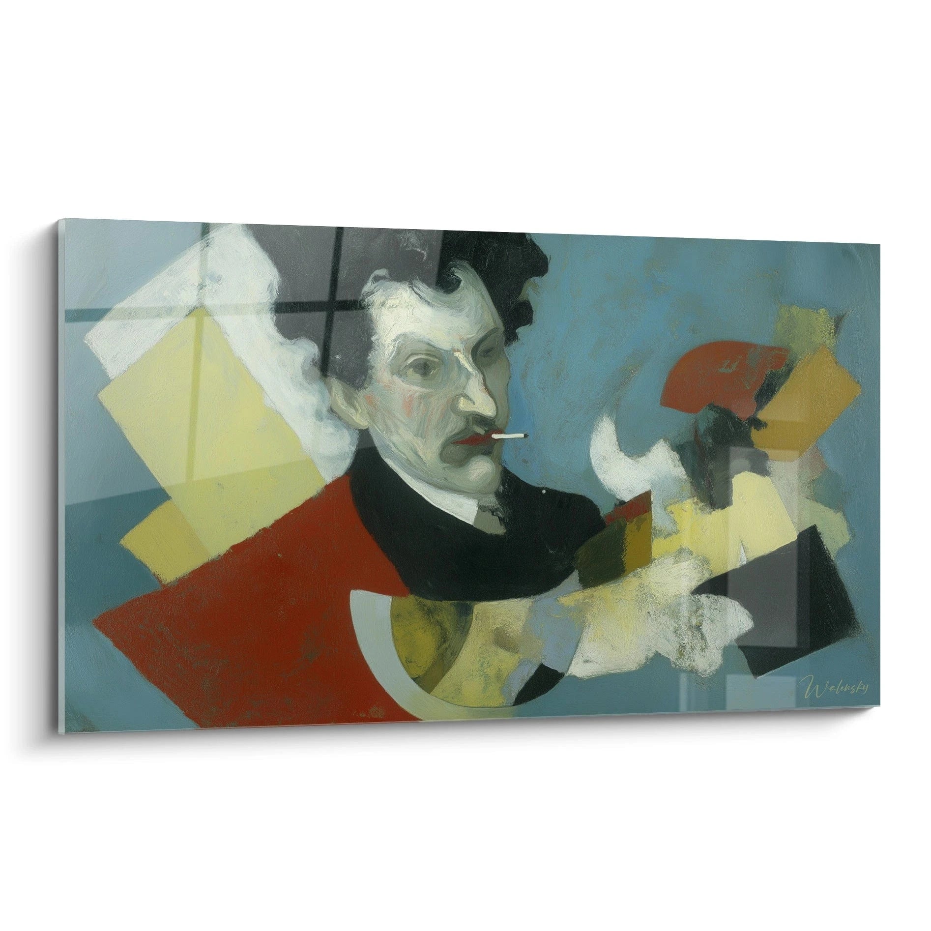 tableau dadaïsme moderne Walensky portrait abstrait d homme fumeur avec formes géométriques bleu et rouge