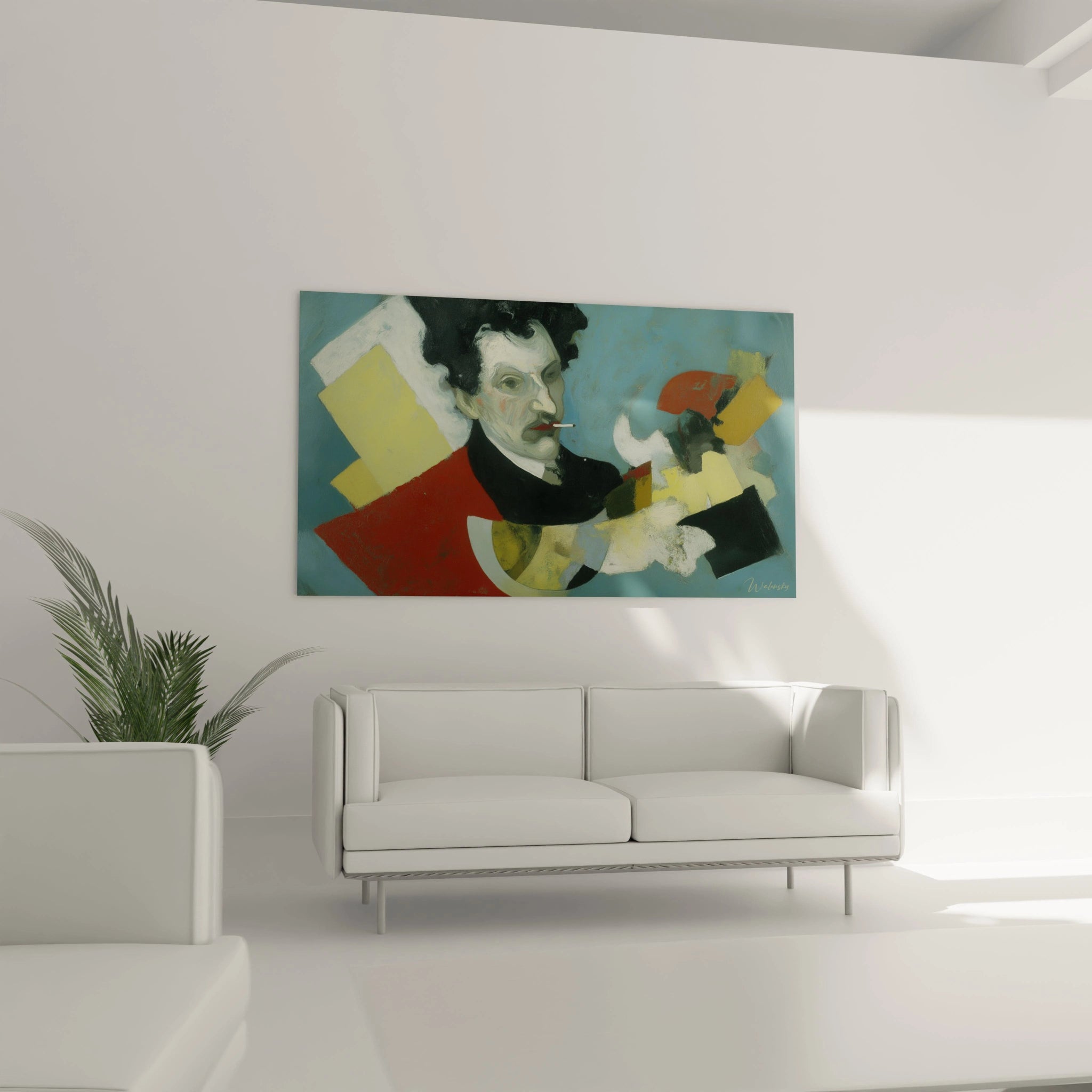 Tableau dadaïsme moderne Walensky portrait abstrait coloré accroché au dessus d un canapé blanc dans un salon minimaliste