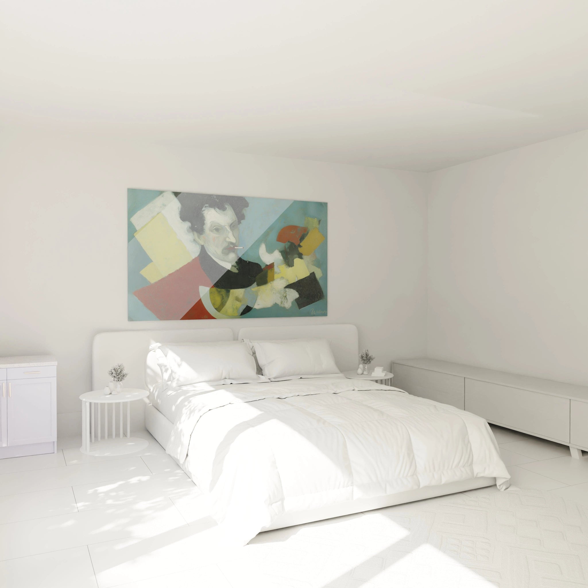 tableau dadaïsme moderne Walensky accroché au dessus d un lit blanc minimaliste dans une chambre lumineuse
