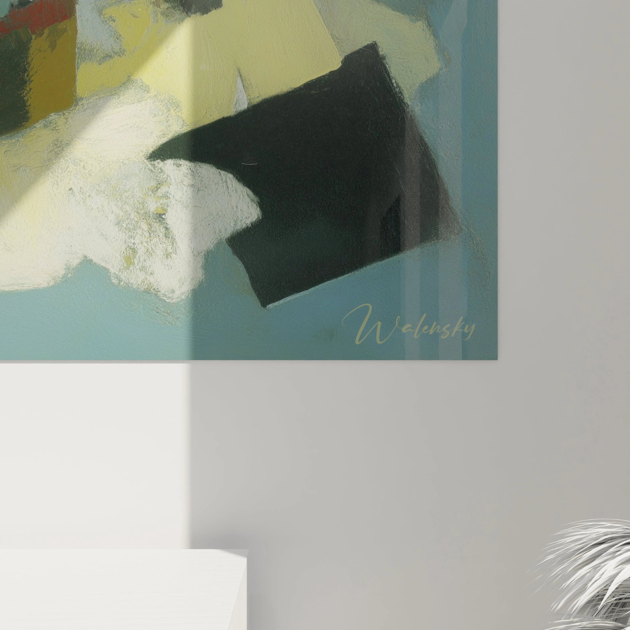 Tableau mural Walensky abstrait en bleu sarcelle et noir avec texture et signature décor contemporain tableau dadaïsme moderne