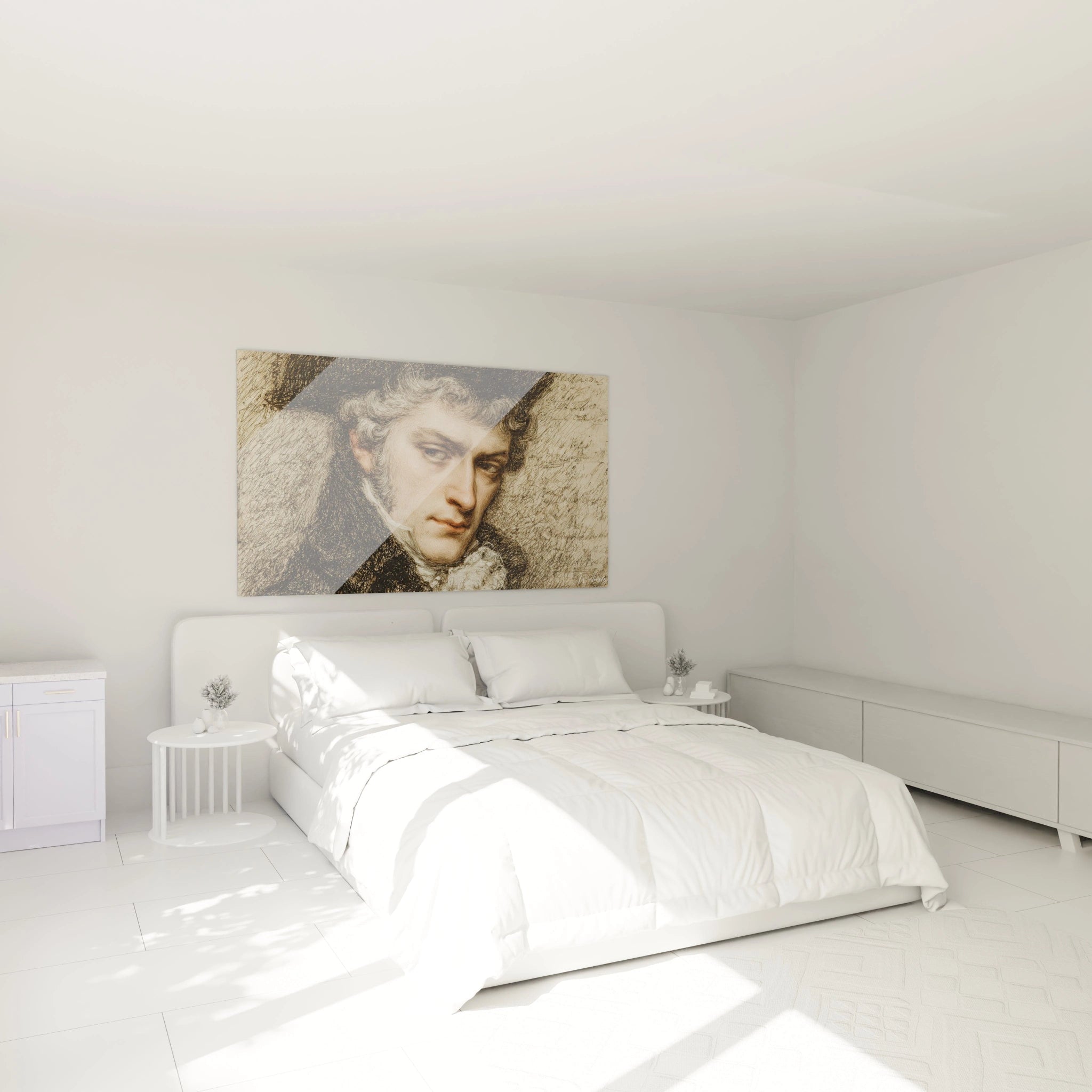 tableau portrait Louis XVI Walensky accroche au dessus du lit dans une chambre blanche minimaliste grand format
