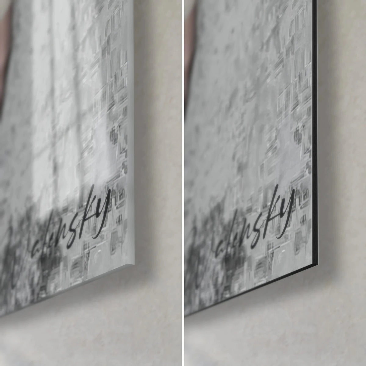 Tableau silhouette en robe noire drapée, coin bas droit : signature Walensky sur le gris, verre brillant et Dibond mat