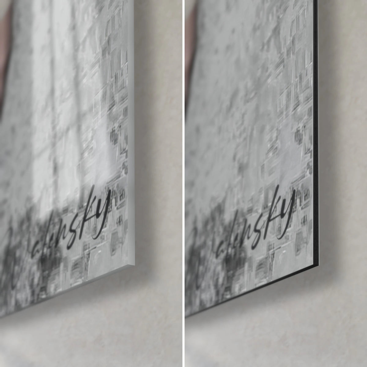 Quadro silhouette in abito nero drappeggiato, angolo in basso a destra: firma Walensky sul grigio, vetro lucido e Dibond opaco