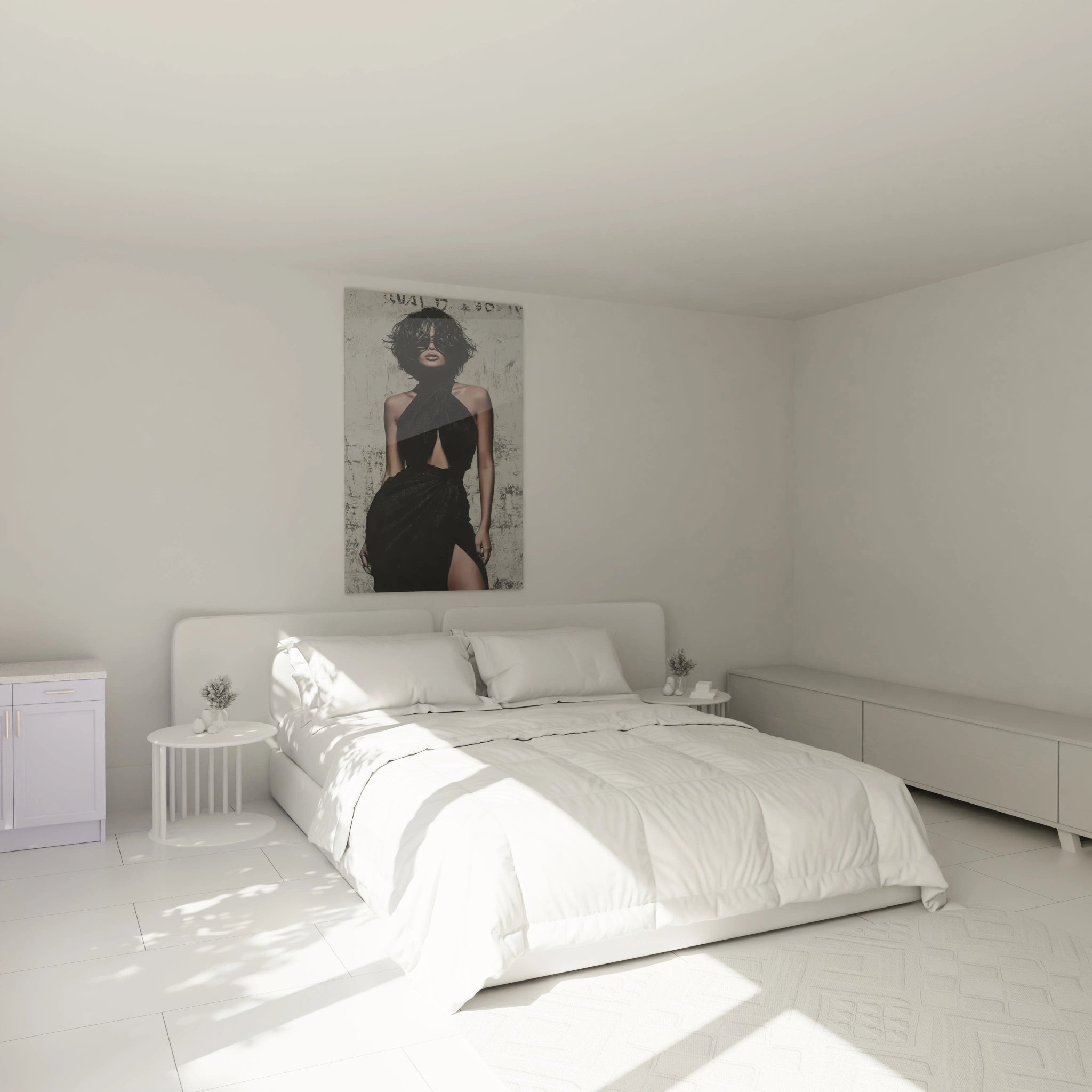 Tableau portrait féminin chic de Walensky accroché au mur dans une chambre moderne et lumineuse