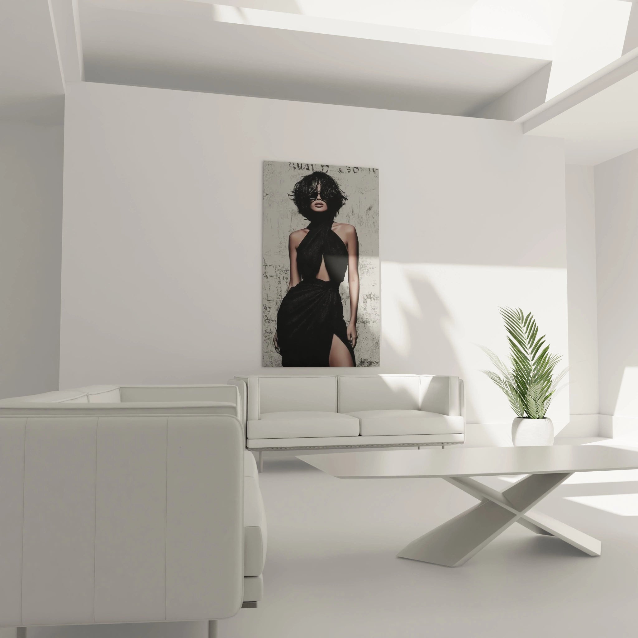 Tableau mural portrait féminin chic de Walensky sur mur blanc dans un salon moderne