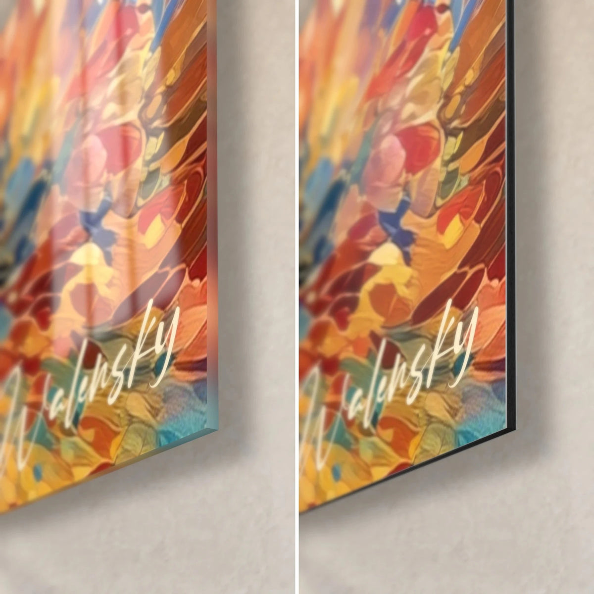 Tableau visage en mosaïque de points, pétales rose et orange, verre brillant à gauche, Dibond noir mat à droite, tranche de 3 mm