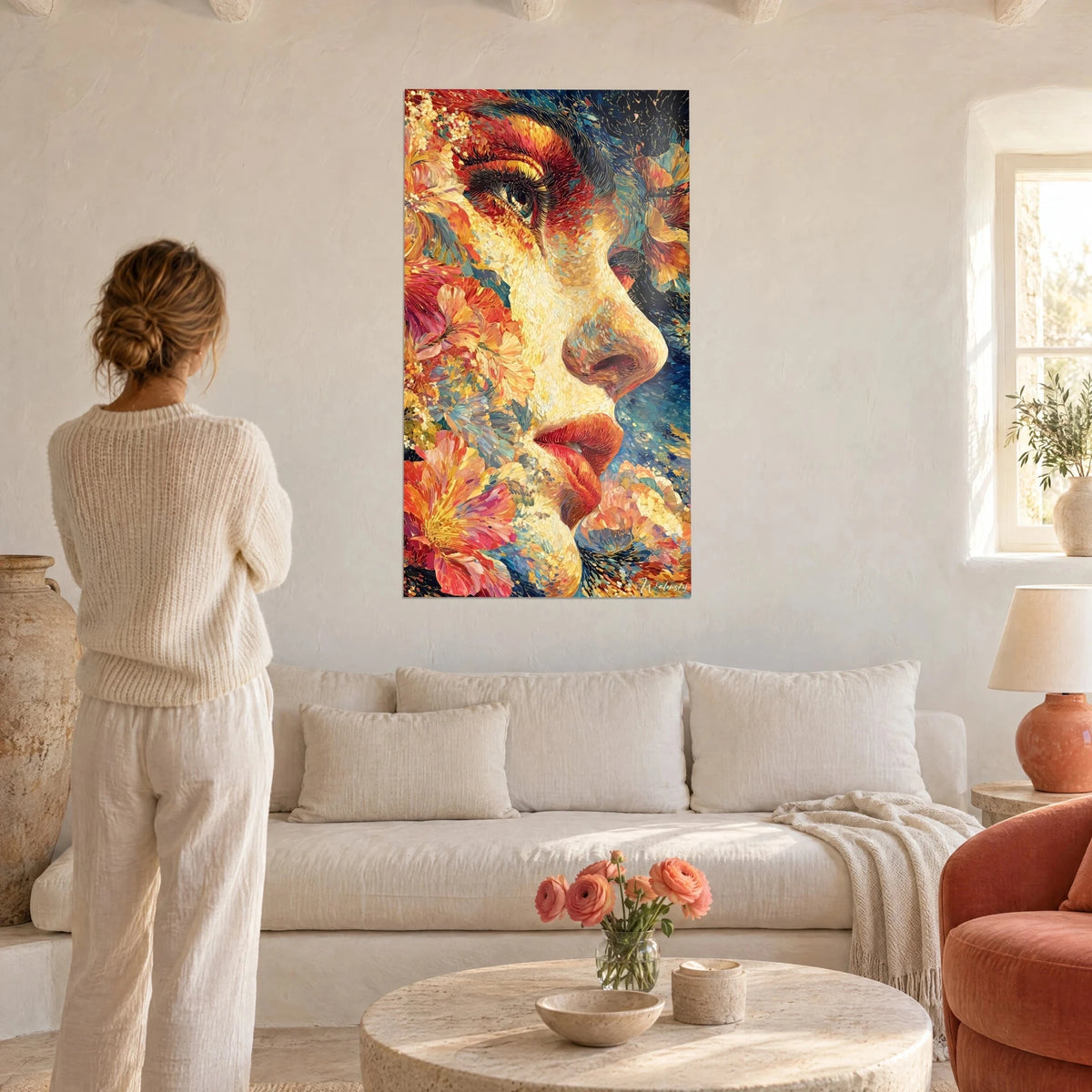 Tableau portrait de femme en pointillisme, lèvres rouge corail et fleurs dorées, mur blanc, au-dessus d'un canapé dans un salon lumineux