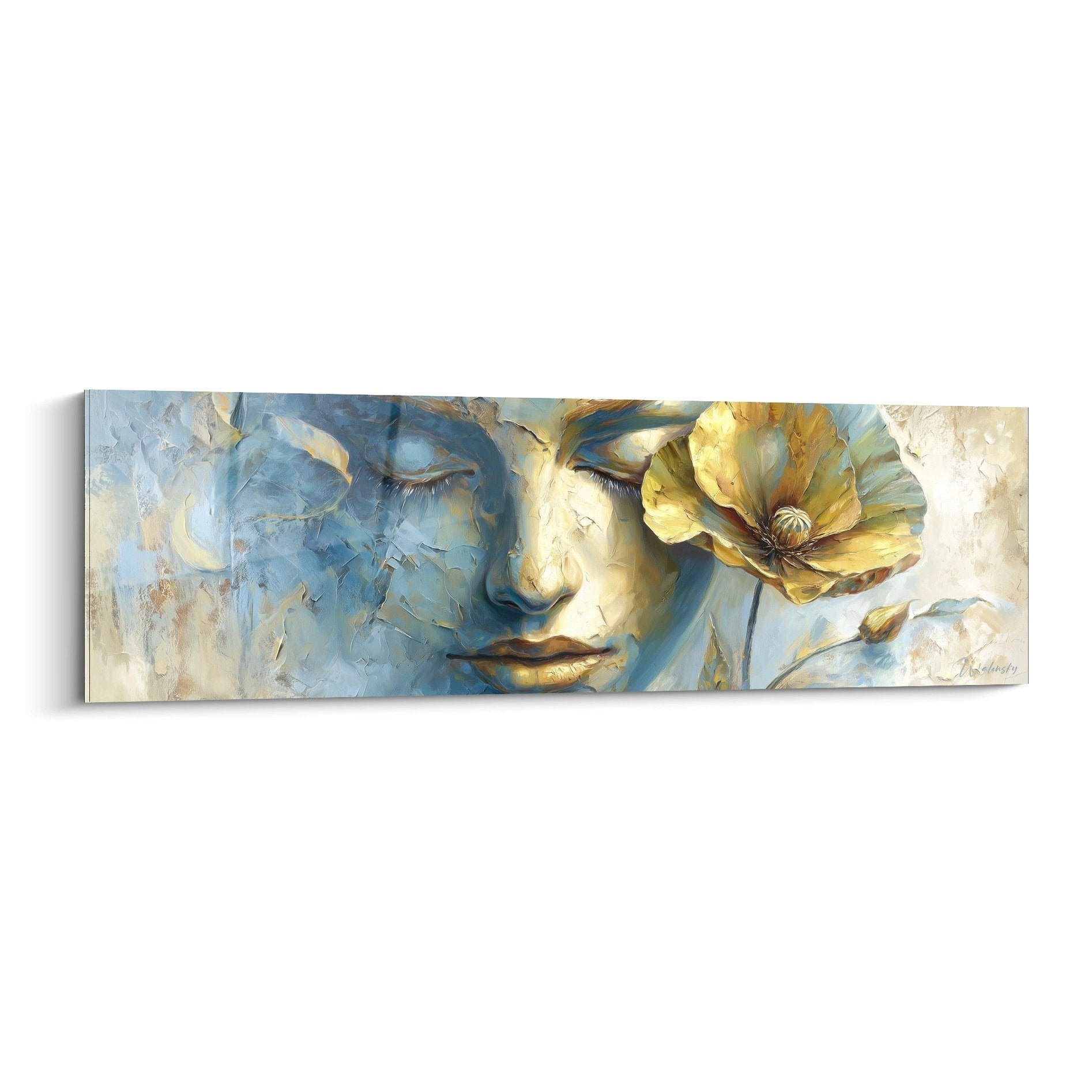 Female portrait painting blue tones golden flower poppy edition contemporary style