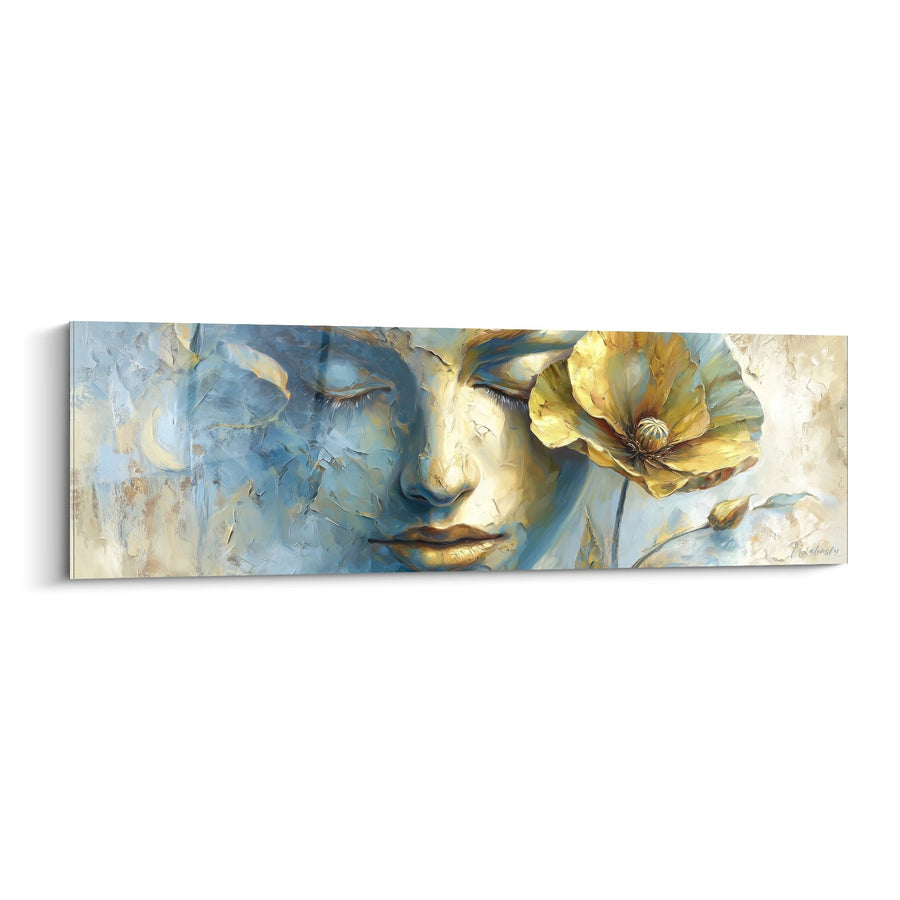 Tableau Visage Féminin aux Tons Bleus et Dorés avec Fleur Dorée - Révérie Florale - Edition Coquelicot