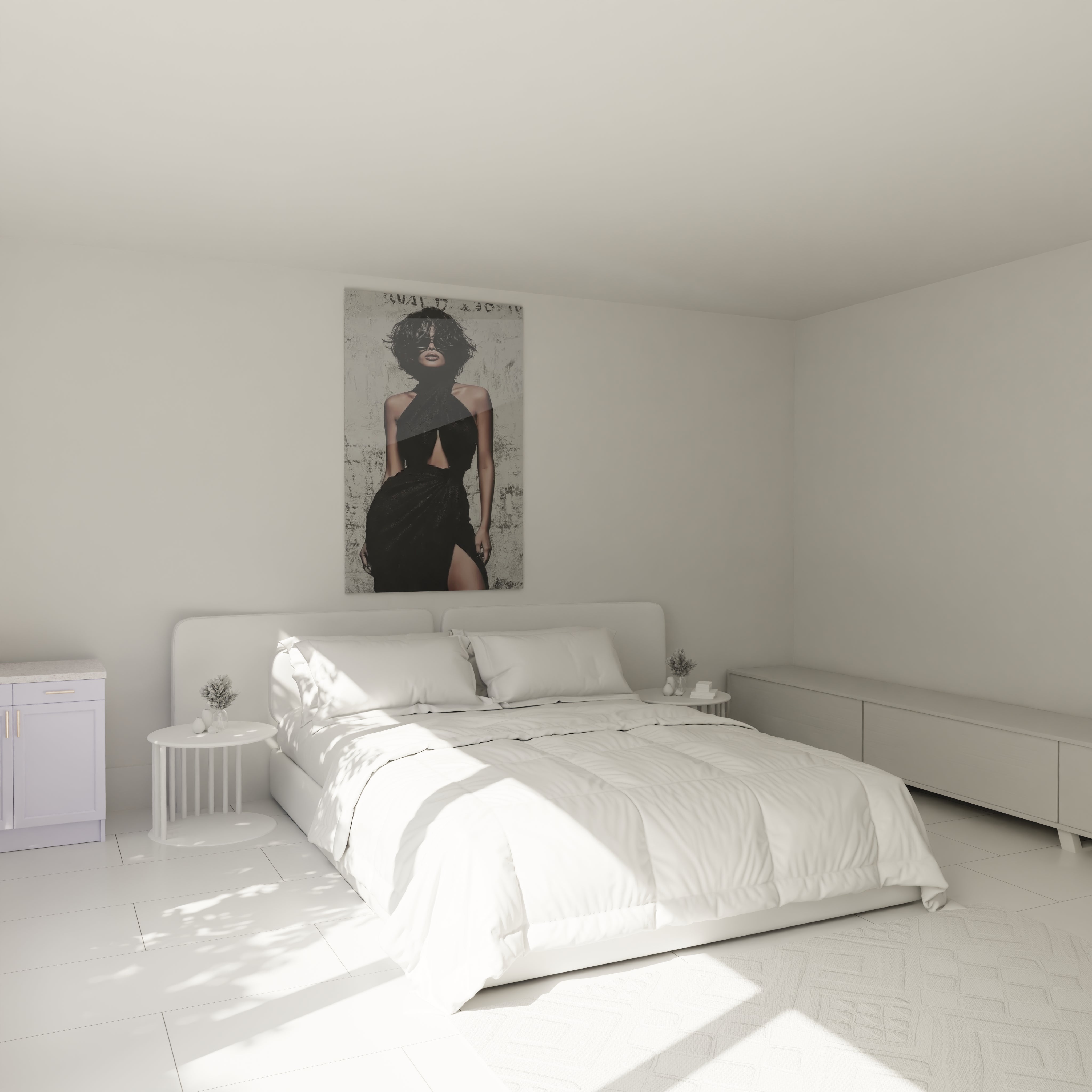 Tableau portrait féminin chic de Walensky accroché au mur dans une chambre moderne et lumineuse