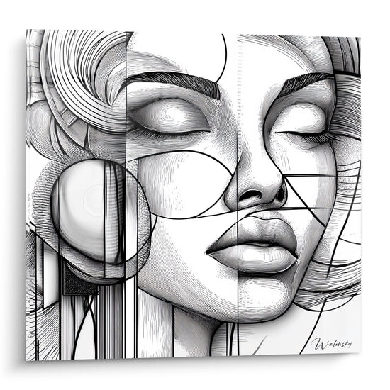 Cuadro Rostro Femenino - Retrato Geométrico Blanco y Negro - edición dibujo