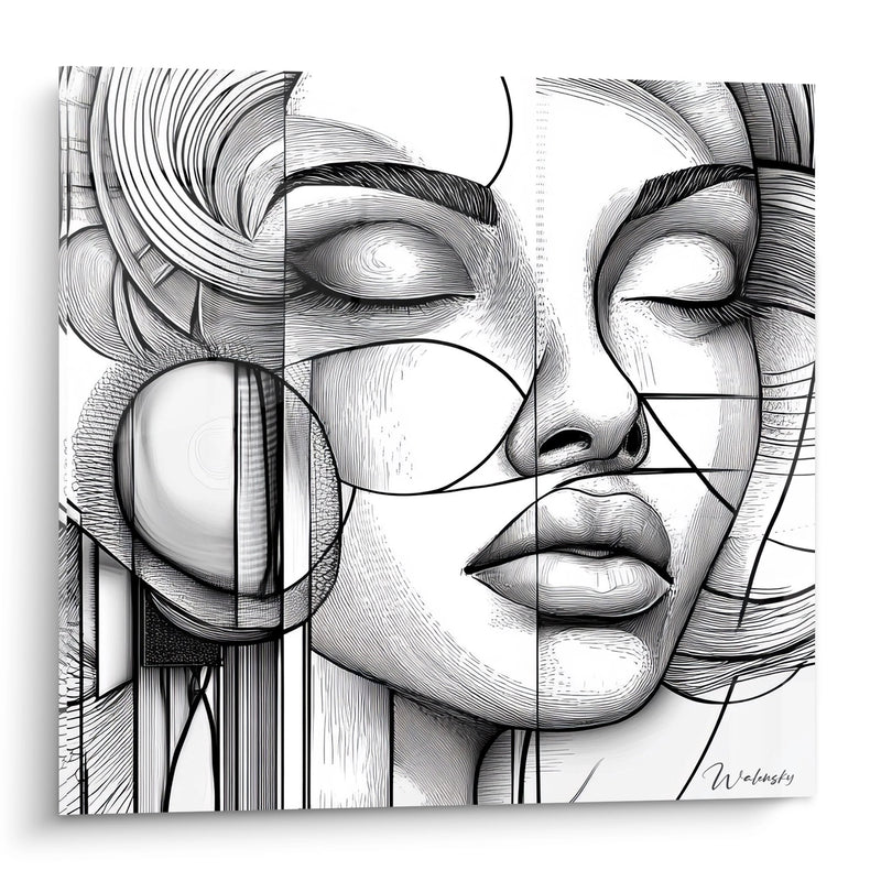 Female Face Canvas - Geometric Black and White Portrait - Drawing Edition