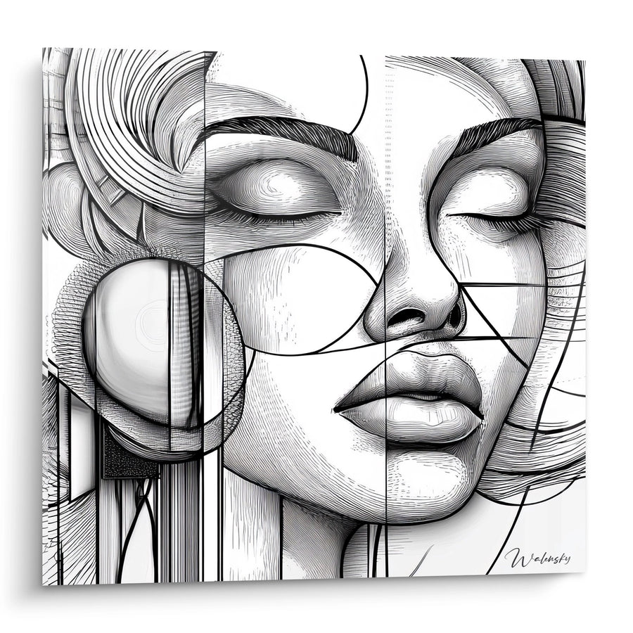 Tableau Visage Féminin - Portrait Géométrique Noir et Blanc - édition dessin