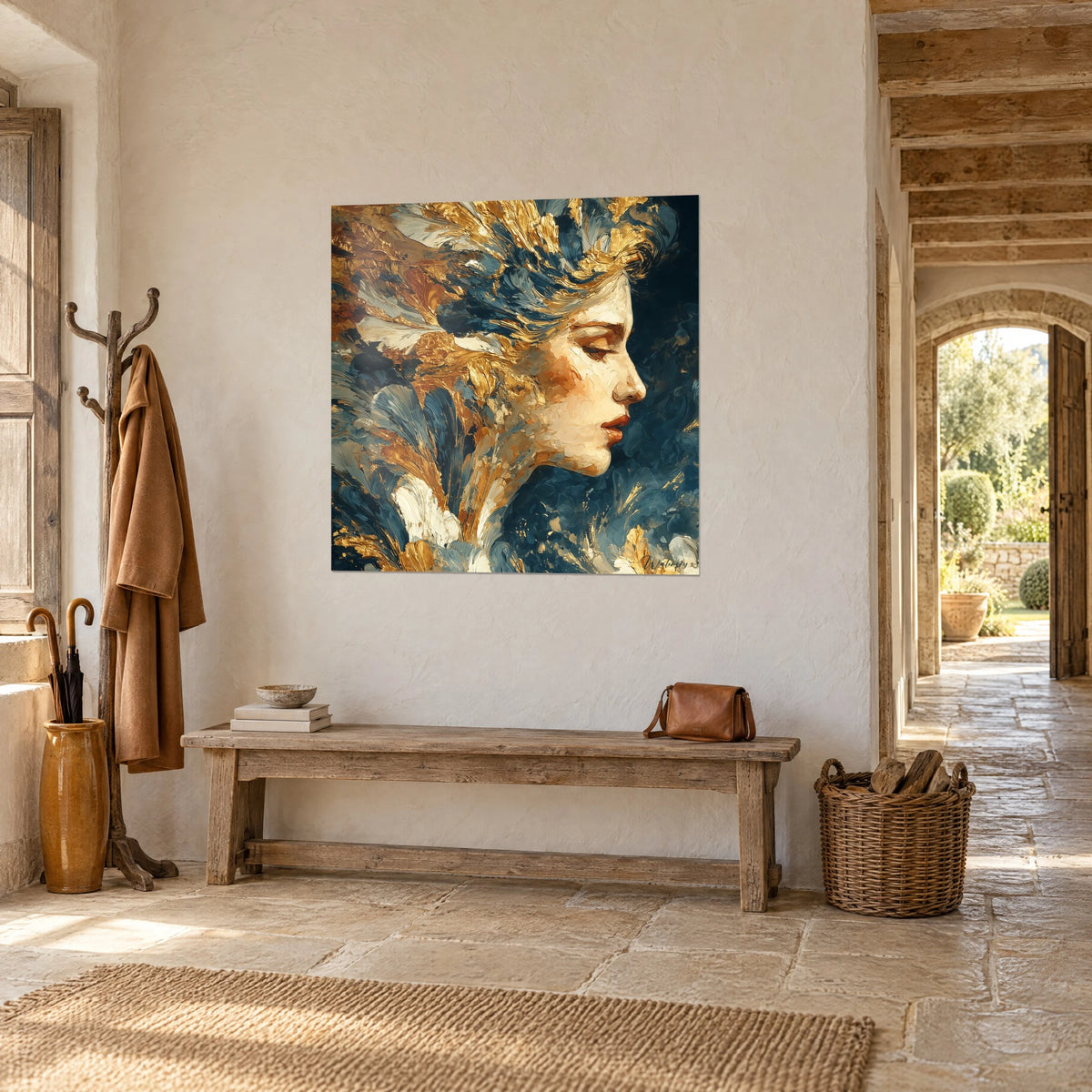 Cuadro rostro femenino melancólico en pinceladas de espátula ocre y azul petróleo, cabello de plumas, sobre una pared encalada de una casa de piedra