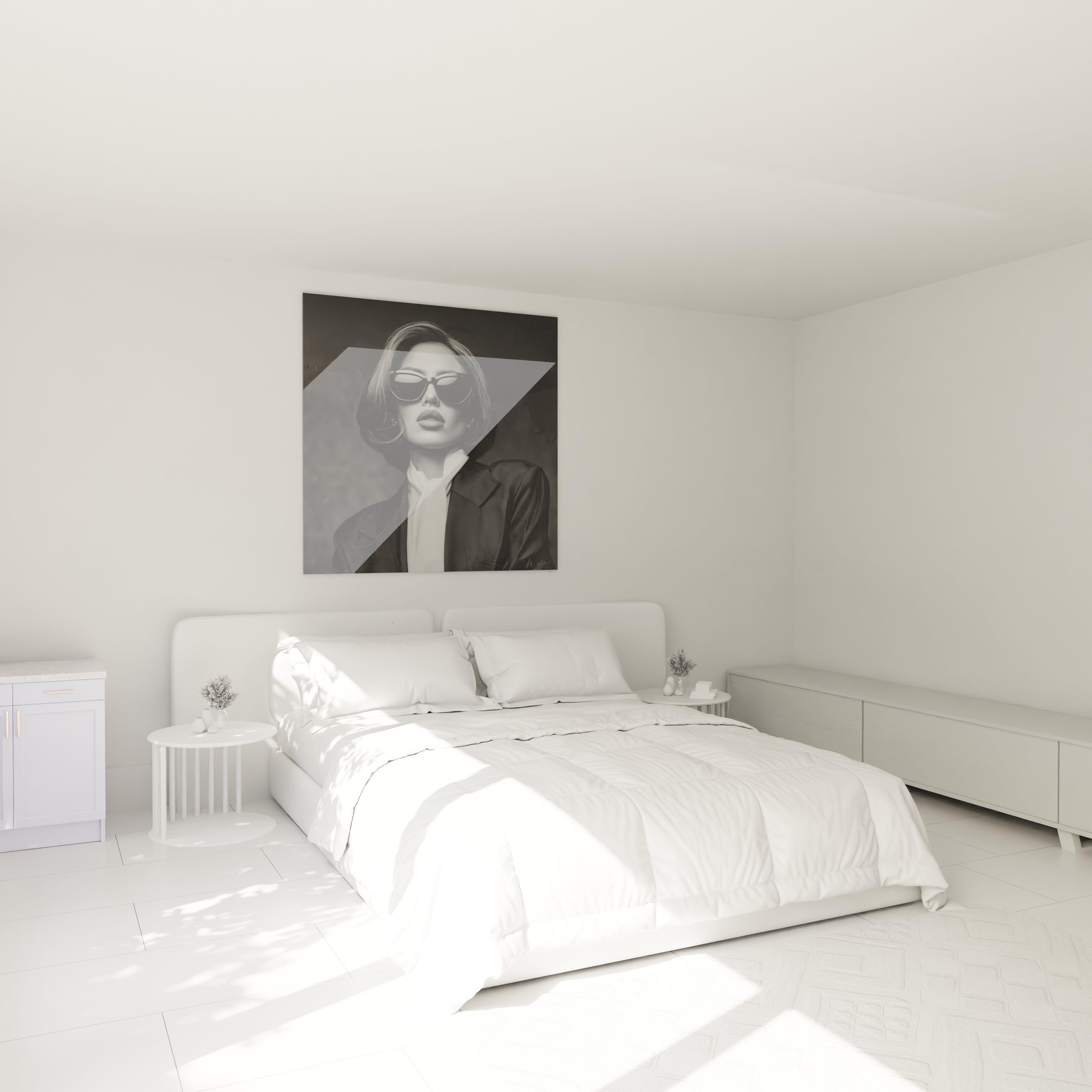 Tableau mural portrait féminin noir et blanc accroché au-dessus d'un lit moderne dans une chambre lumineuse