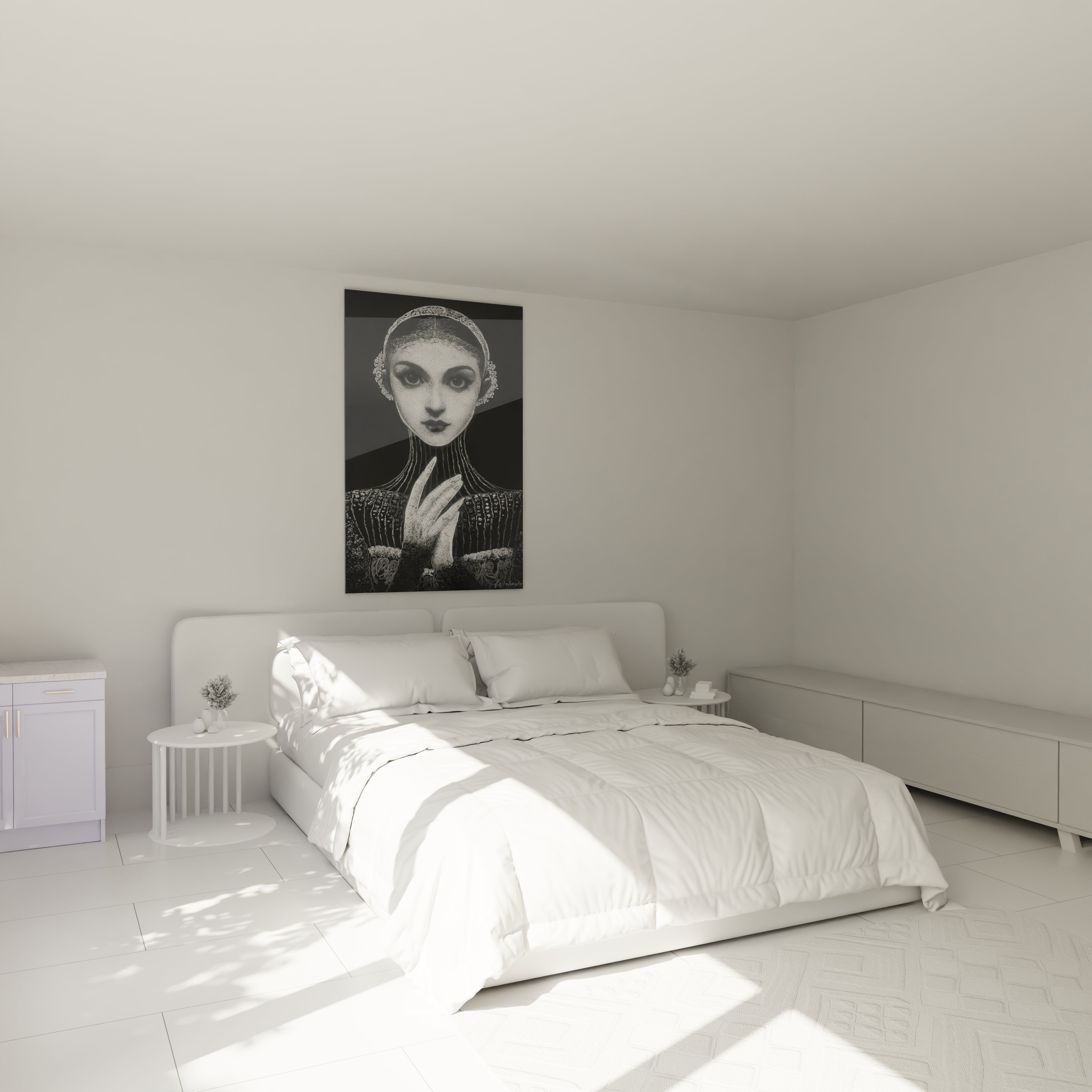 Tableau portrait féminin noir et blanc accroché dans une chambre lumineuse avec un lit moderne