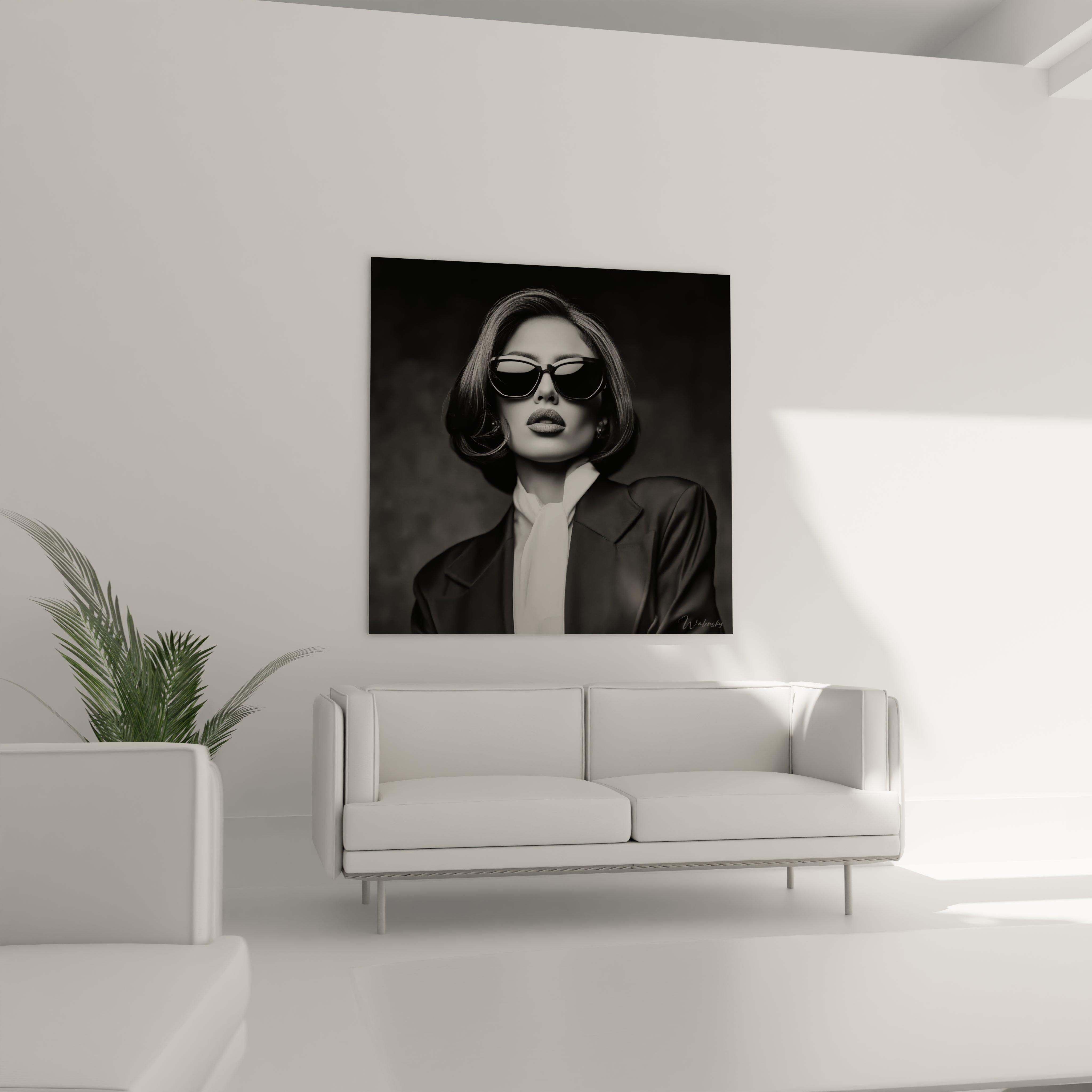 Tableau portrait féminin noir et blanc inspirant avec une femme moderne en lunettes de soleil