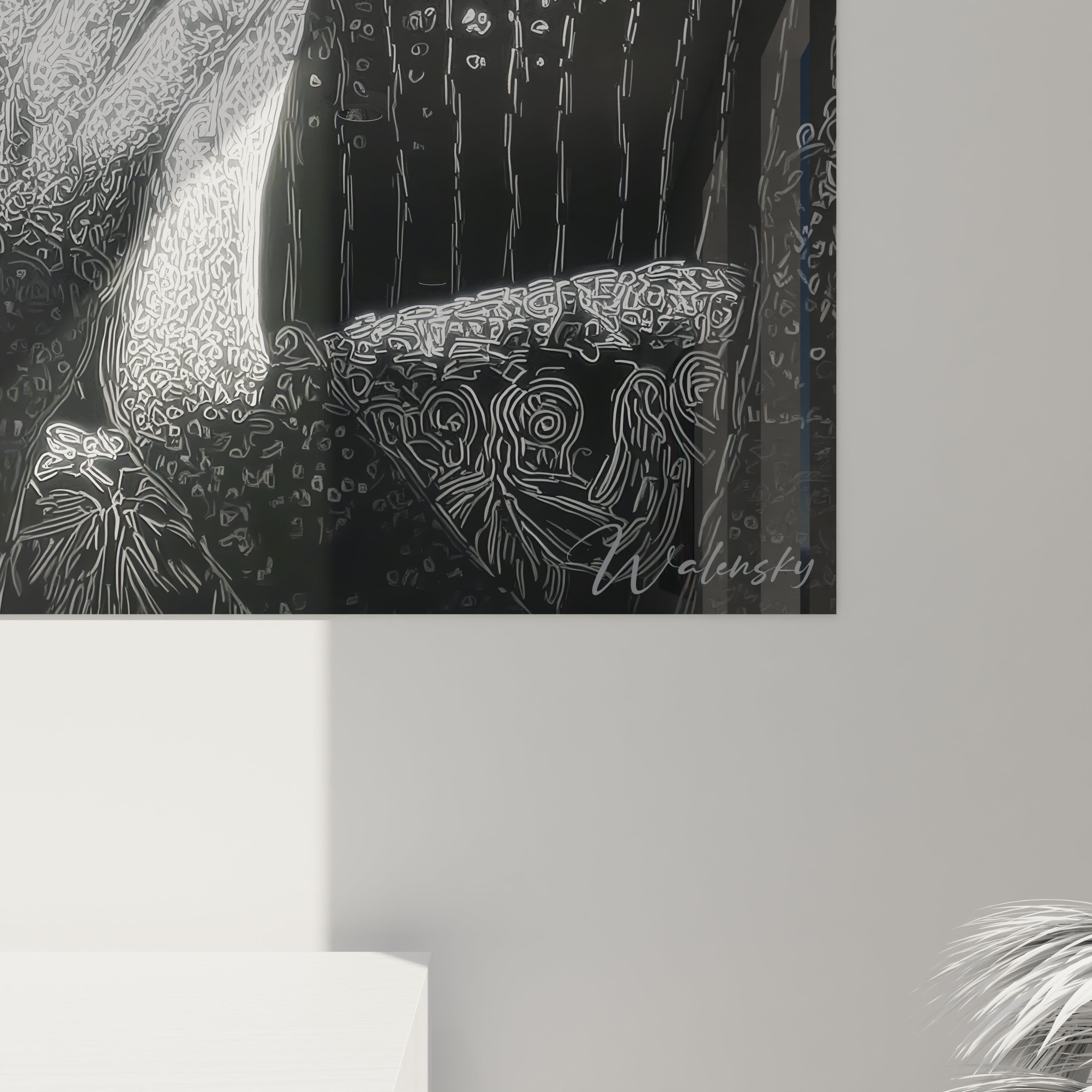 Tableau portrait féminin noir et blanc de Walensky représentant un design artistique abstrait
