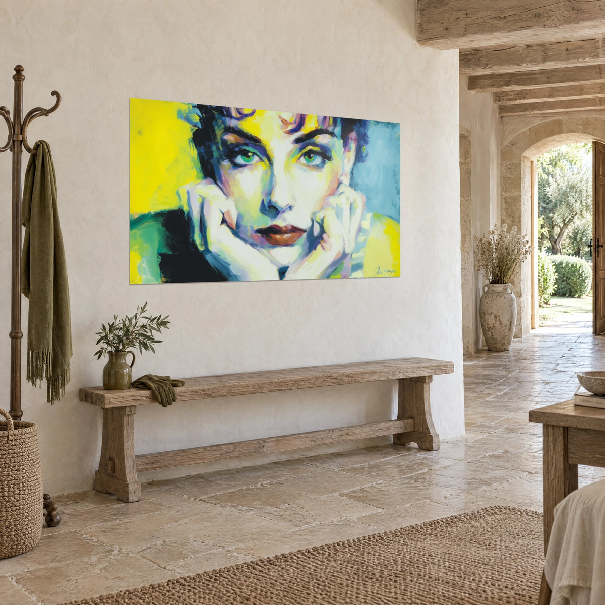 Cuadro retrato de mirada esmeralda, pómulos verde pálido, labios marrones, grandes superficies amarillo vivo, sobre una pared de piedra, vista de tres cuartos