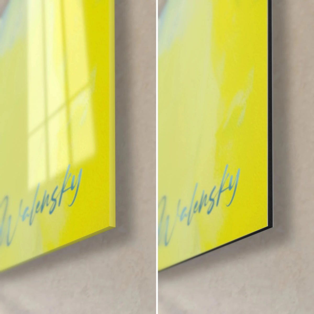 Wall art emerald gaze, bottom right corner: glossy yellow acrylic glass on the left, matte black Dibond on the right, blue signature, 3 mm edge