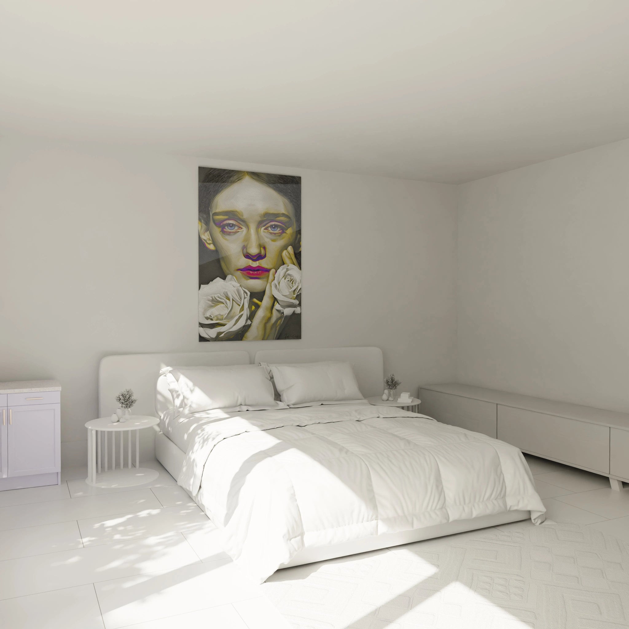 Walensky tableau portrait hyperréalisme femme accroché au dessus d un lit blanc dans une chambre minimaliste