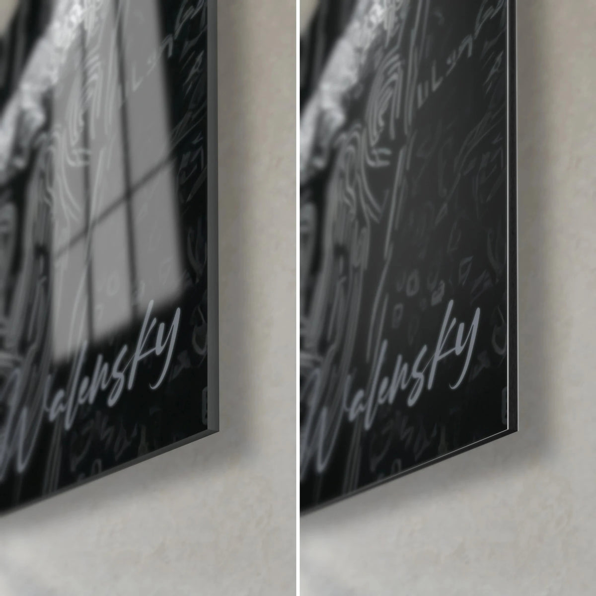 Tableau portrait gravé blanc et noir, signature Walensky, coin bas droit en verre brillant et Dibond mat, tranche de 3 mm